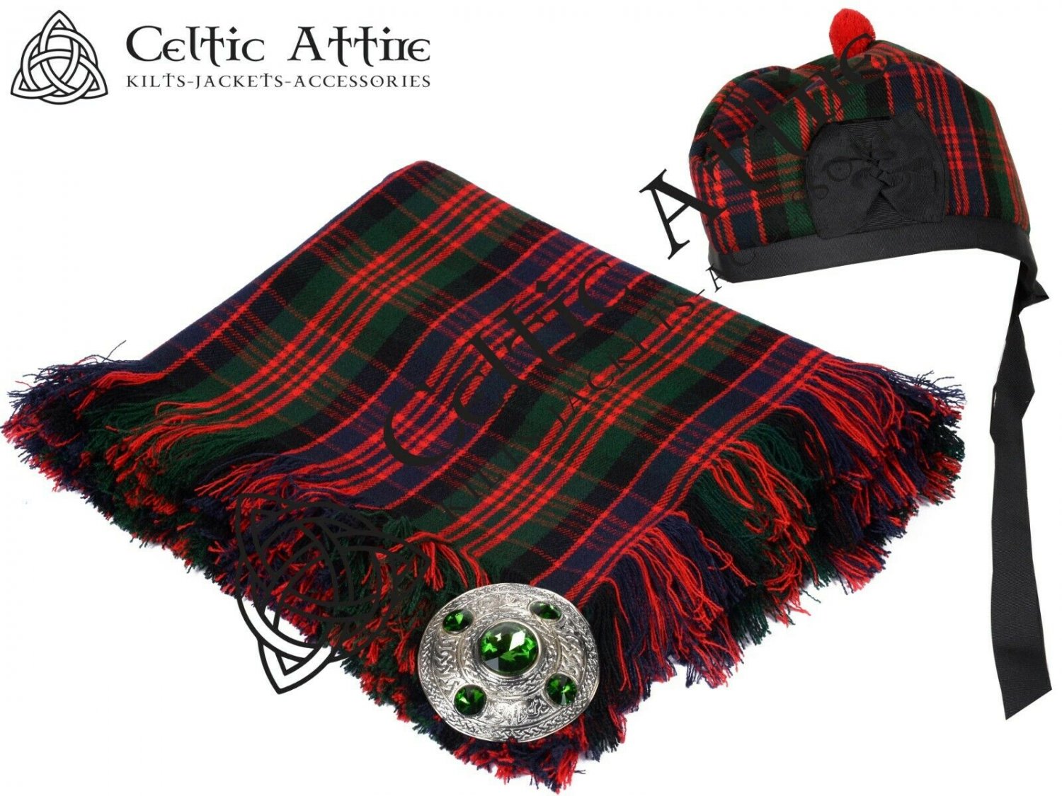 Scottish Macdonald Tartan Fly Plaid Brooch Pin Glengarry Hat 56 cm