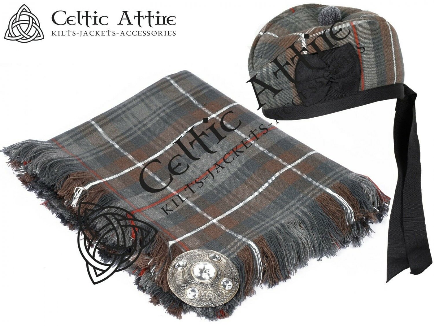 Scottish MacKenzie Weathered Tartan Fly Plaid Brooch Pin Glengarry Hat 60 cm