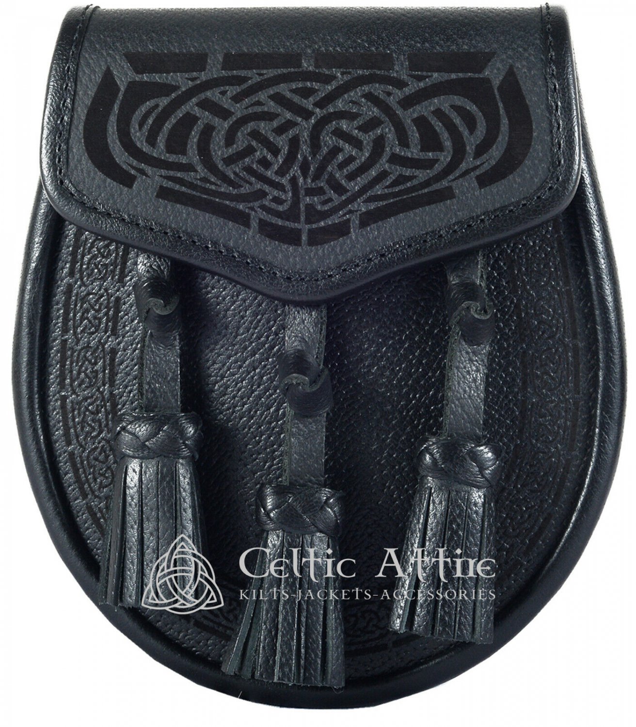 Black Leather Scottish Kilt SPORRAN & Belt Laser Engraved Celtic Embossed