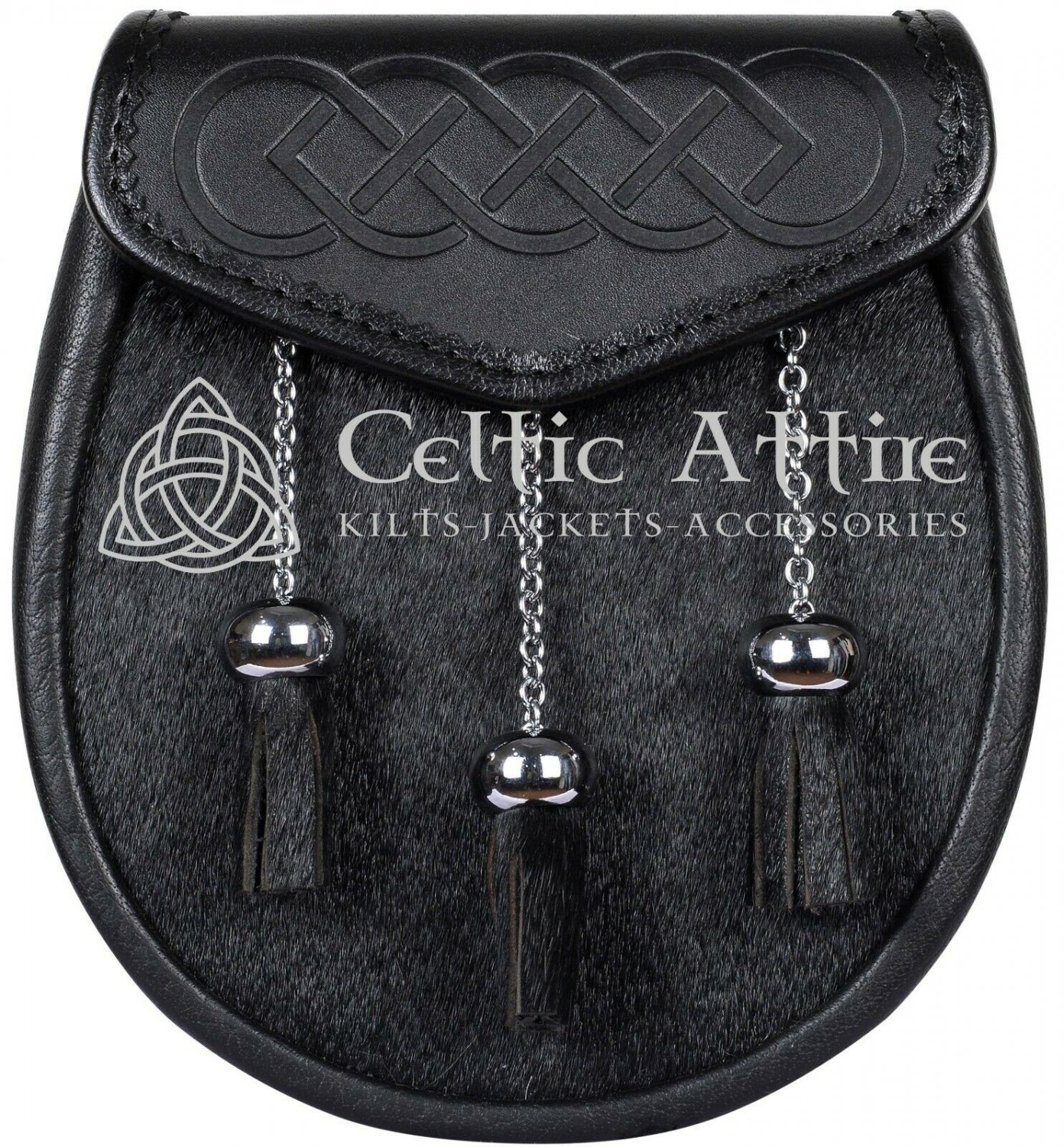 Scottish KILT Semi Dress SPORRAN Black Leather and Bovine Fur with Free Belt