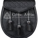 Scottish KILT Semi Dress SPORRAN Black Leather and Bovine Fur with Free Belt