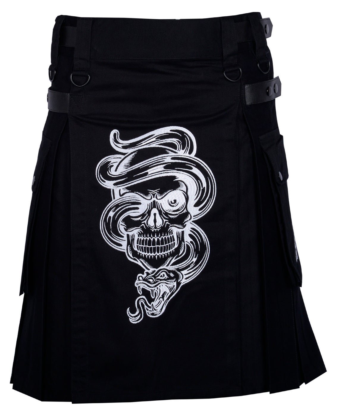 34 Size - Black Cotton Gothic Utility Kilt - Made to Order - Skull & Snake Embroidery