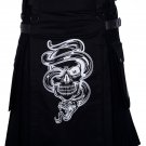 40 Size - Black Cotton Gothic Utility Kilt - Made to Order - Skull & Snake Embroidery