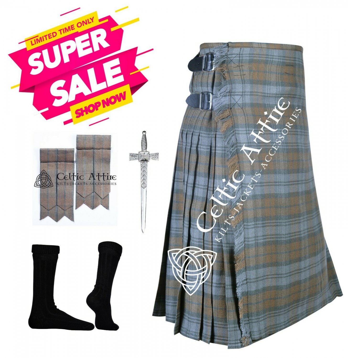 38 - Size - Scottish Kilt 8 Yard Kilt Black Watch Weathered TARTAN KILT Free Accessories - 39 Colors