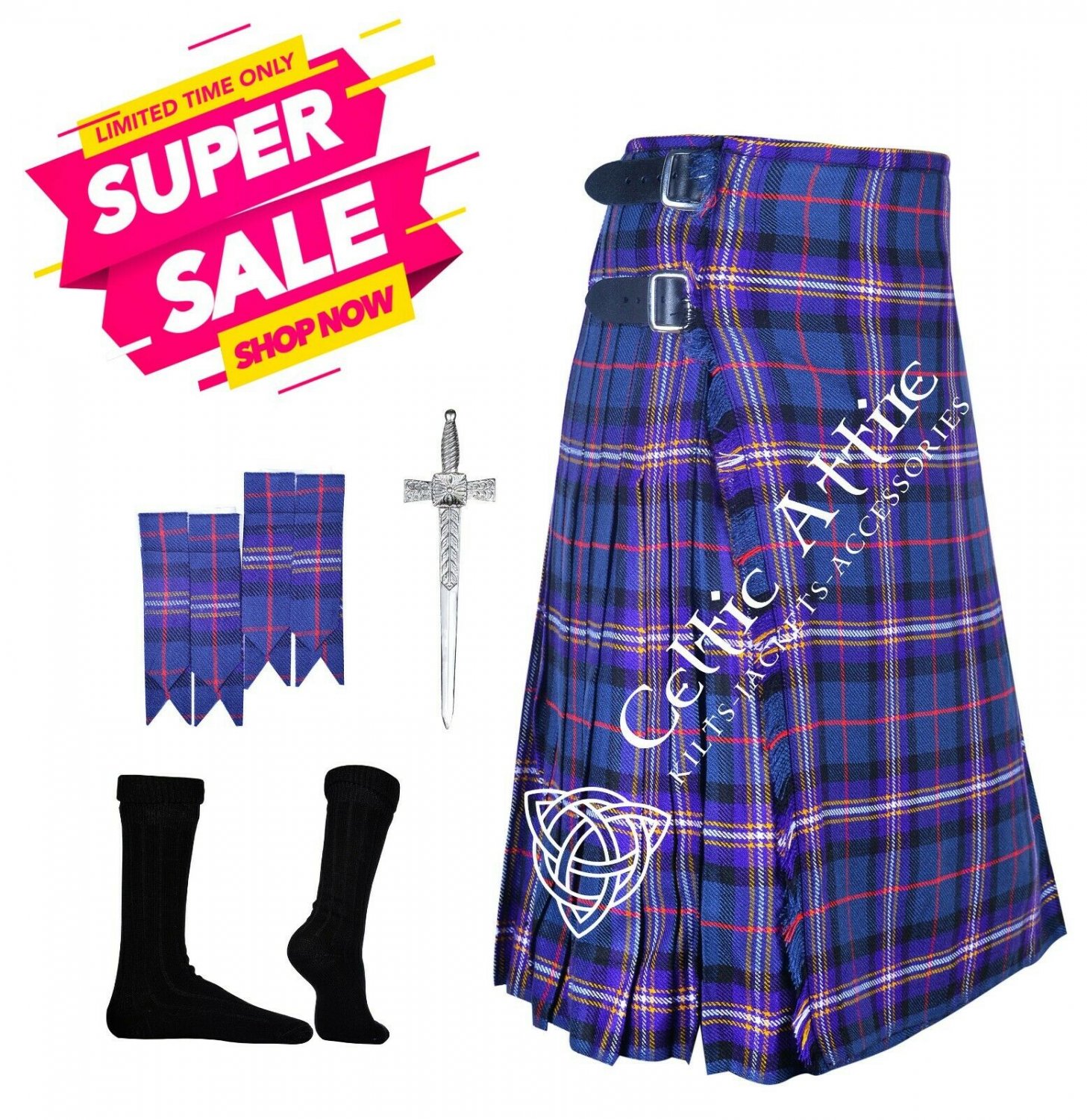 44 - Size - Scottish Kilt 8 yard MASONIC TARTAN KILT Free Kilt Pin - Flashes - Socks - 39 Colors