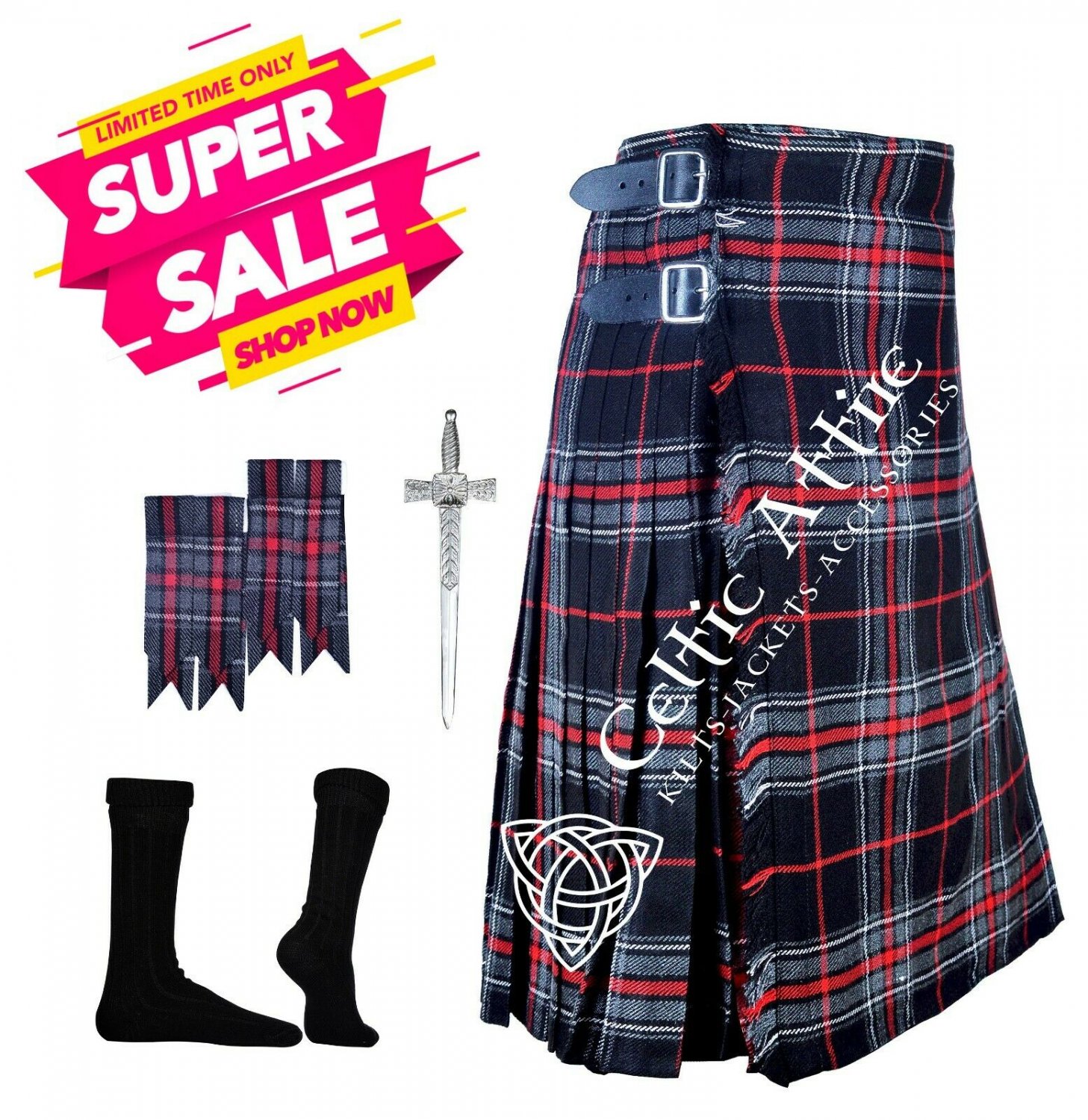 44 - Size - Scottish Kilt 8 yard BRUCE TARTAN KILT Free Kilt Pin - Flashes - Socks - 39 Colors