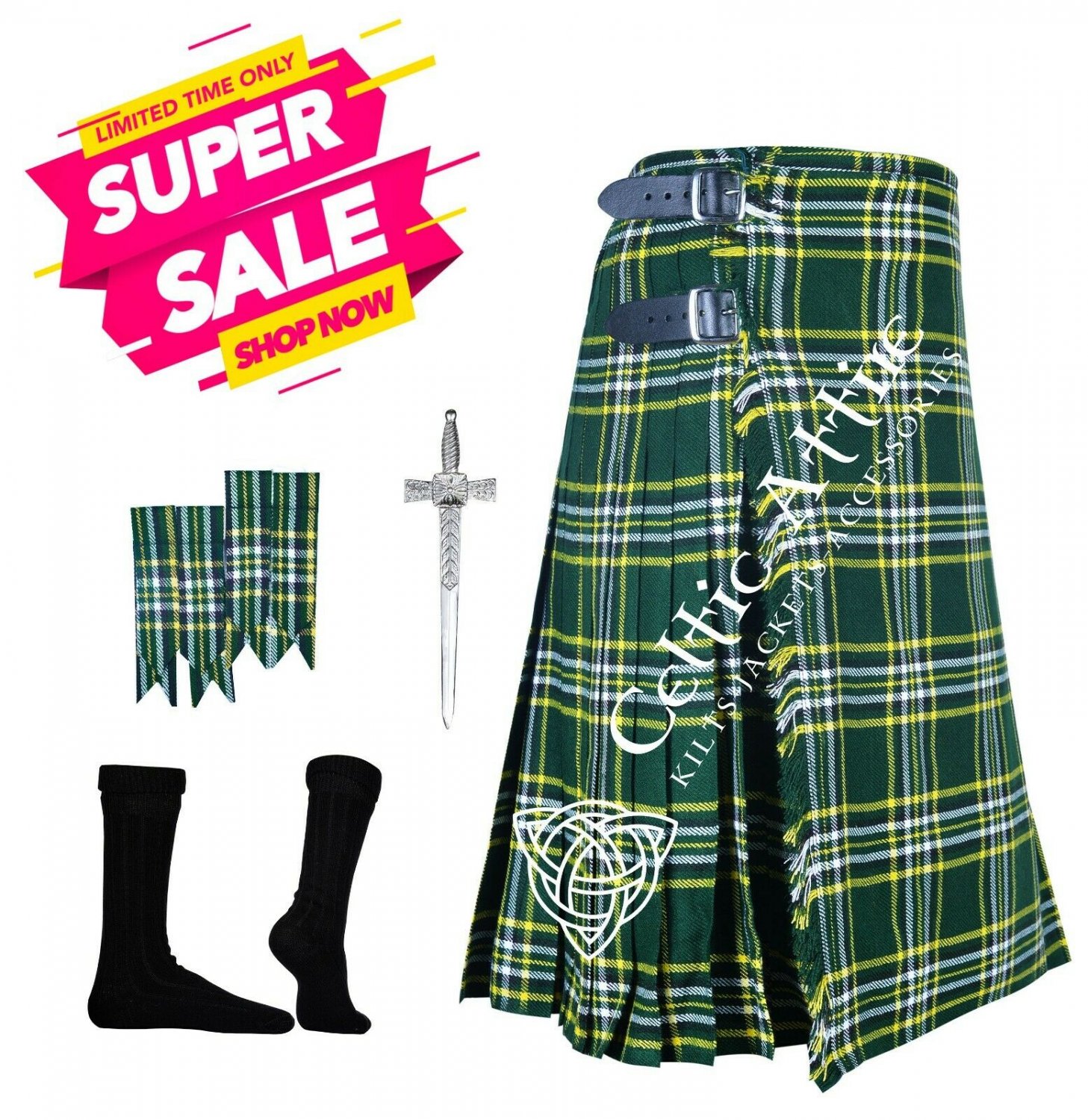 44 - Size - Scottish Kilt St. Patrick 8 yard TARTAN KILT Free Kilt Pin - Flashes - Socks - 39 Colors