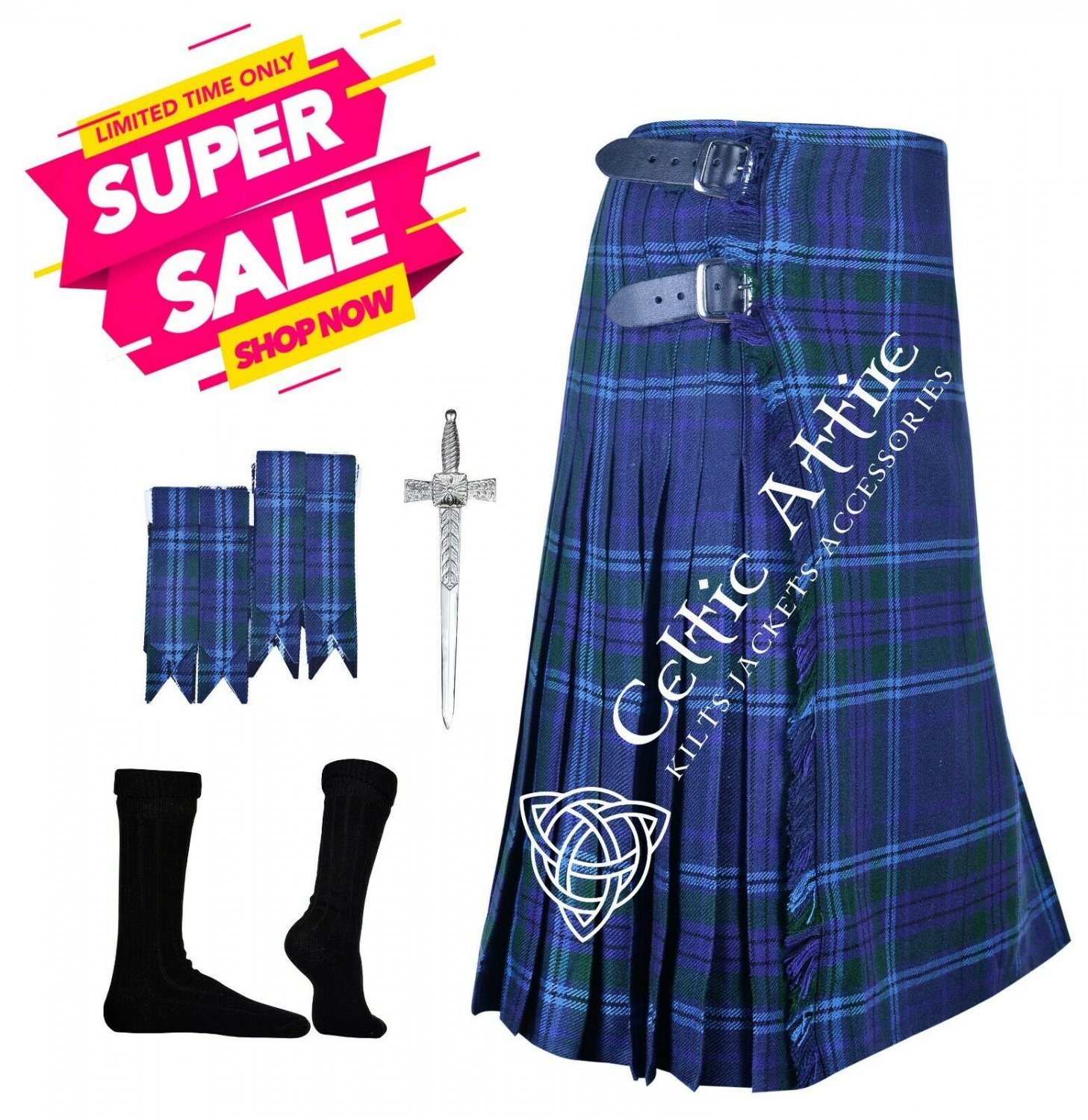 Custom Waist and Length - 8 Yard Kilt Spirit of Scotland TARTAN KILT Free Accessories - 39 Colors