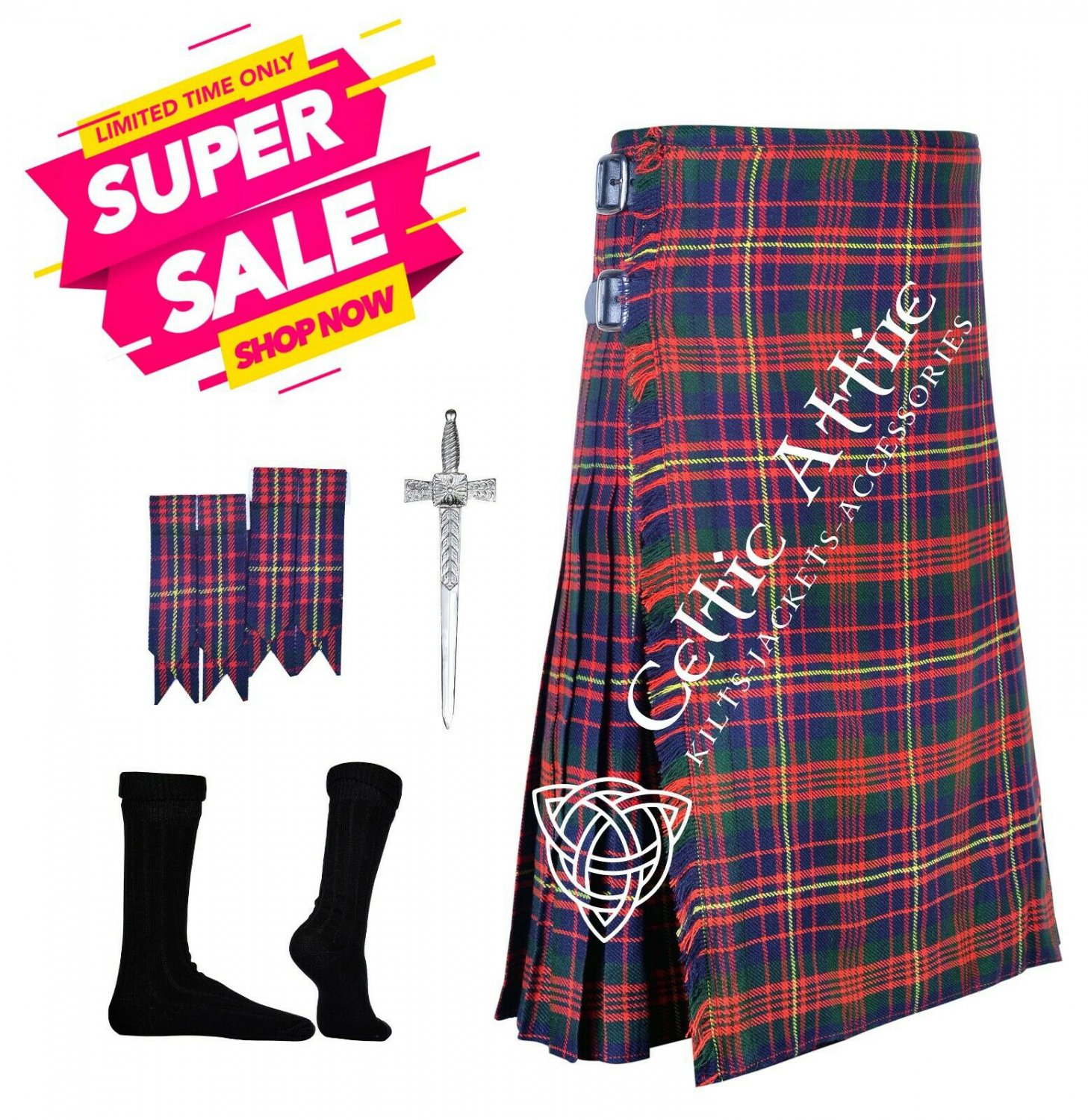36 - Size - Scottish 8 yard Kilt CAMERON TARTAN KILT Free Kilt Pin - Flashes - Socks - 39 Colors
