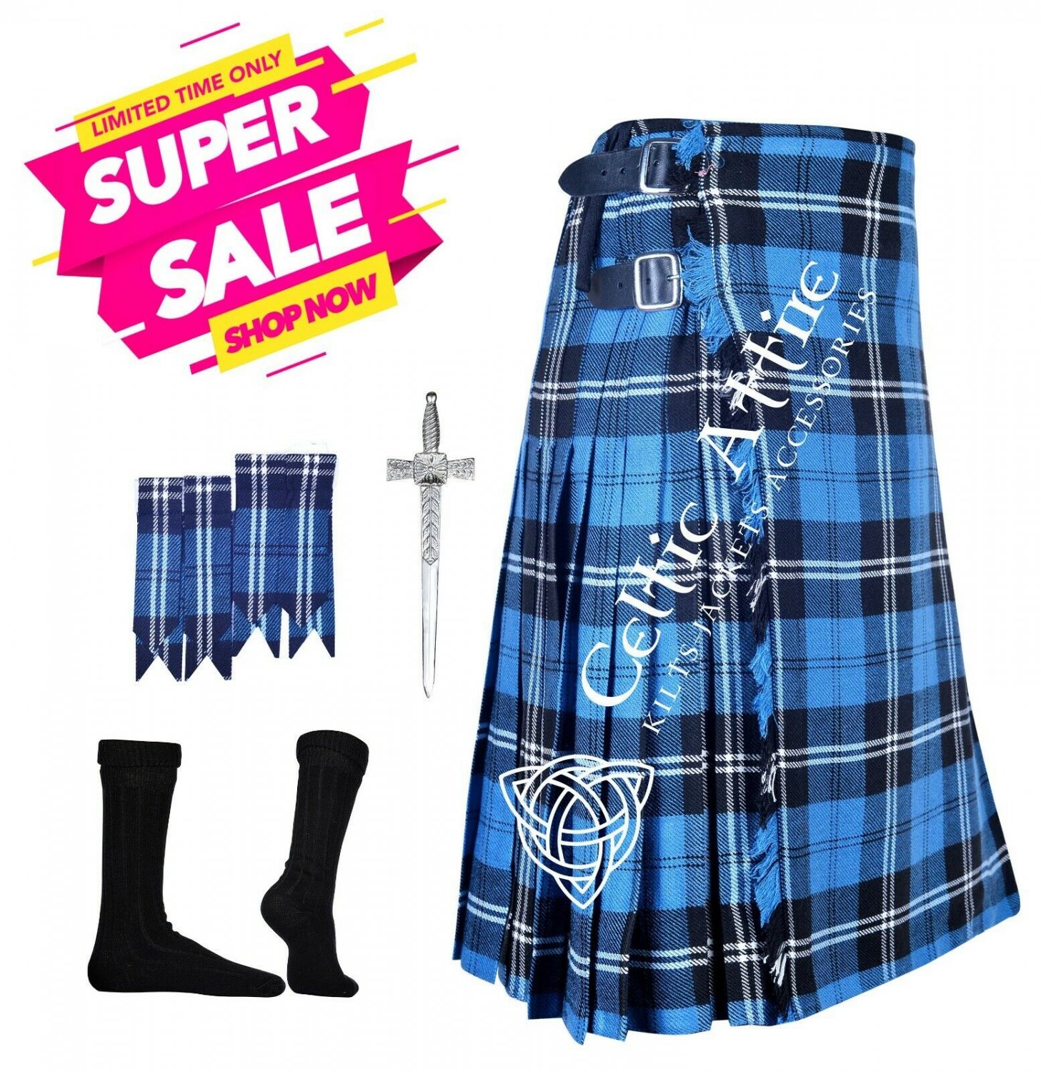 46 - Size - 8 yard Kilt RAMSEY BLUE HUNTING TARTAN KILT Free Kilt Pin - Flashes - Socks - 39 Colors