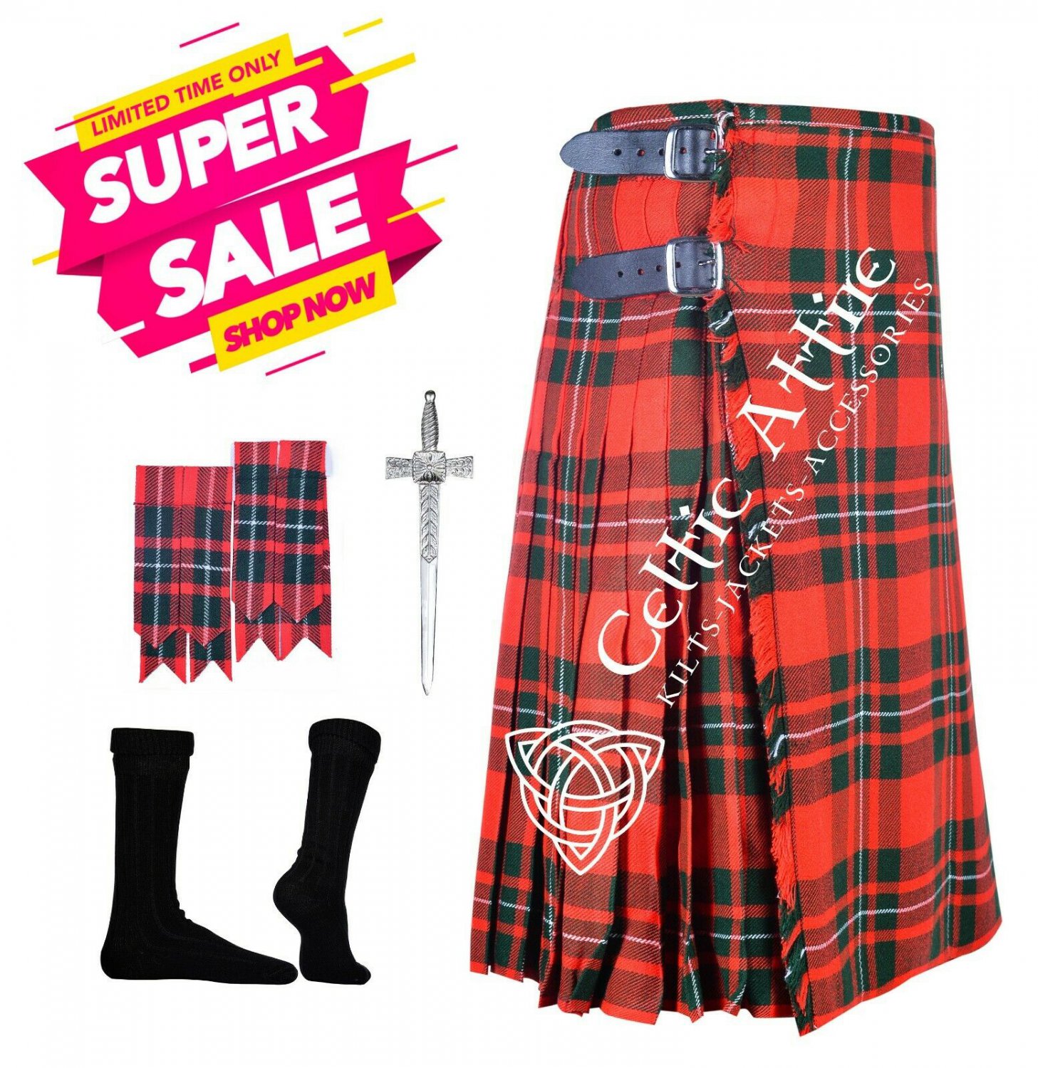 48 - Size - Scottish 8 yard Kilt MACGREGOR TARTAN KILT Free Kilt Pin - Flashes - Socks - 39 Colors