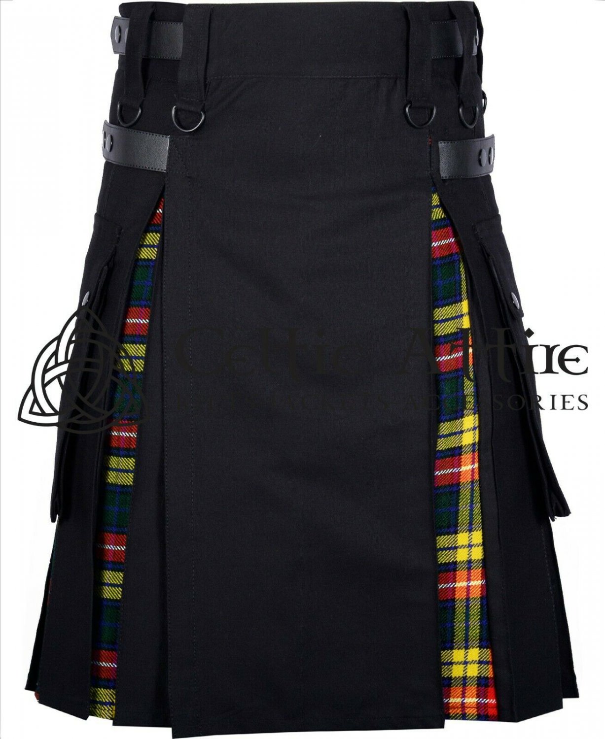 30- Size- Scottish Kilt Hybrid UTILITY KILTS for Men Black Cotton Buchanan Tartan Cargo Pockets Kilt