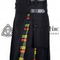 32- Size- Scottish Kilt Hybrid UTILITY KILTS for Men Black Cotton Buchanan Tartan Cargo Pockets Kilt