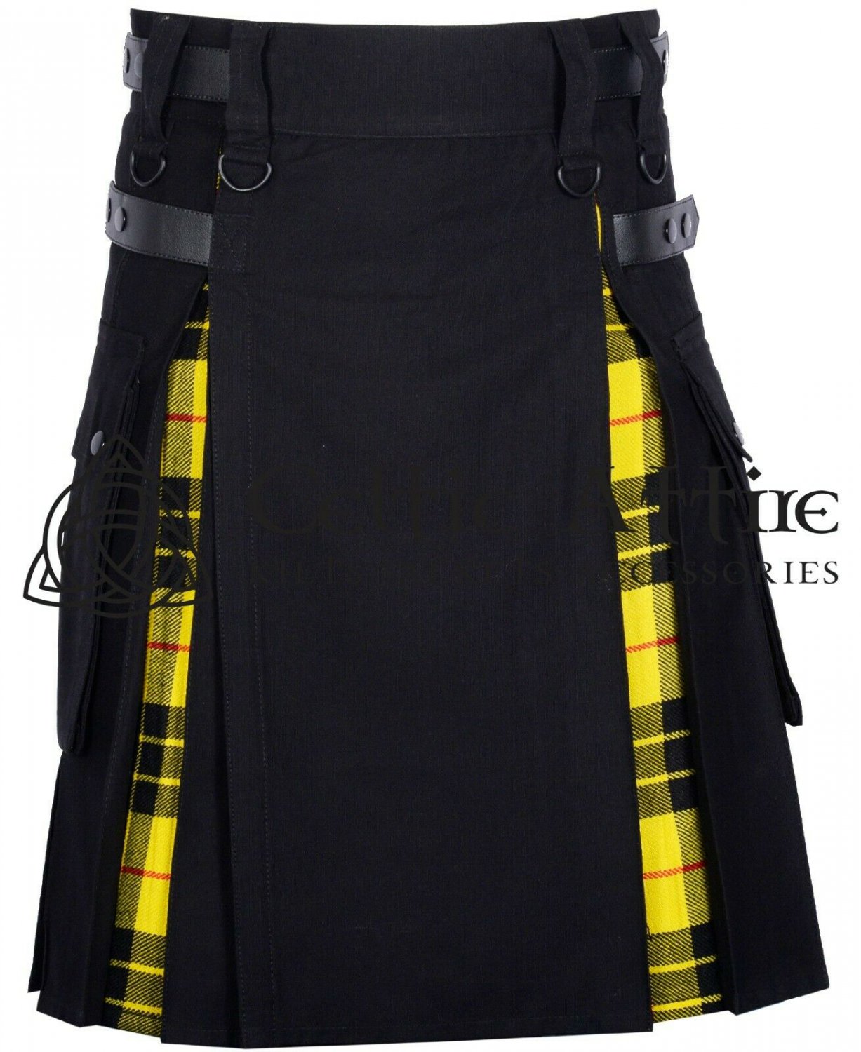 46 - Size- Hybrid UTILITY KILTS for Men Black Cotton Macleod of Lewis Tartan Cargo Pockets Kilt