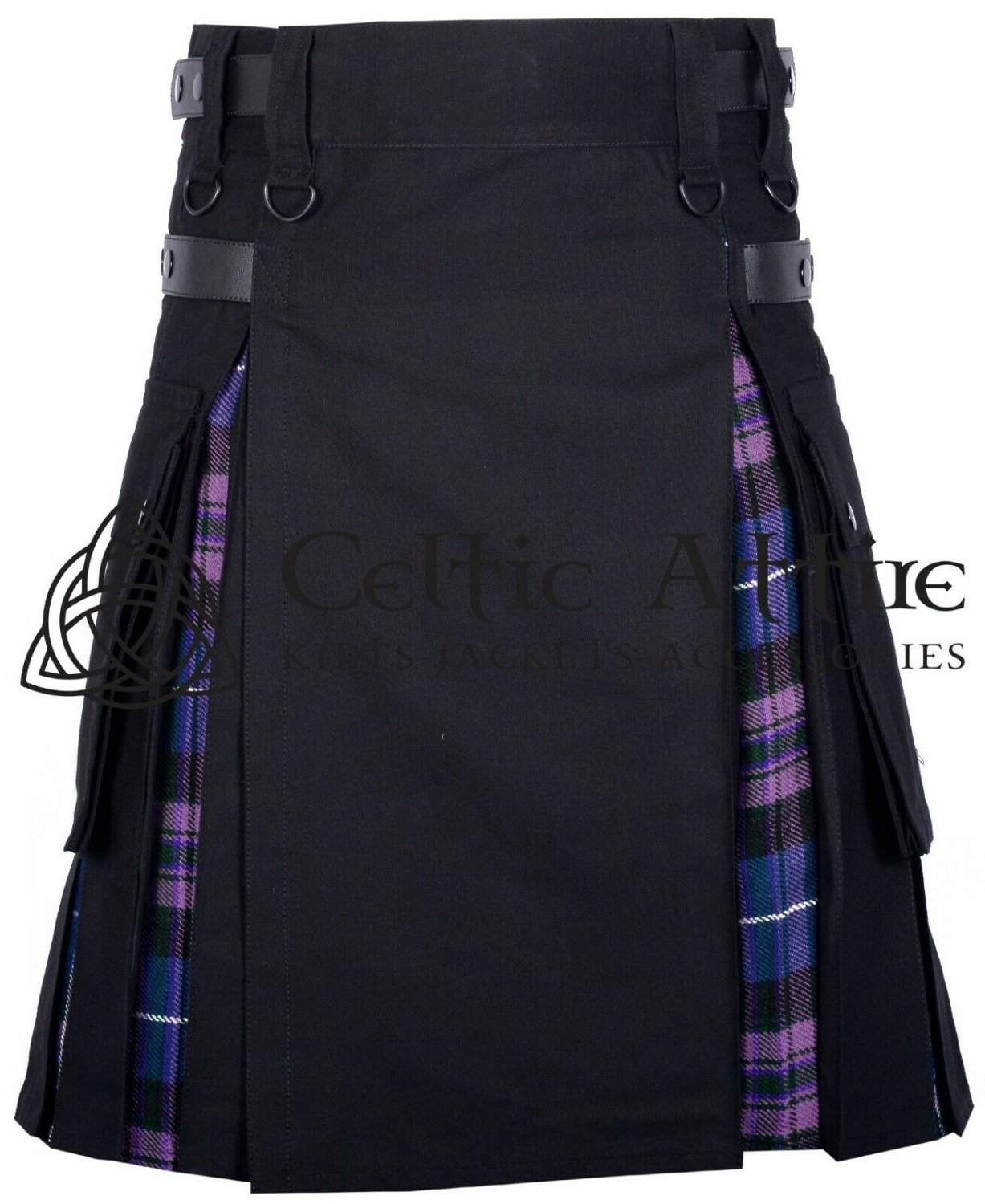 32 - Size- Hybrid UTILITY KILTS for Men Black Cotton Pride of Scotland Tartan Cargo Pockets Kilt