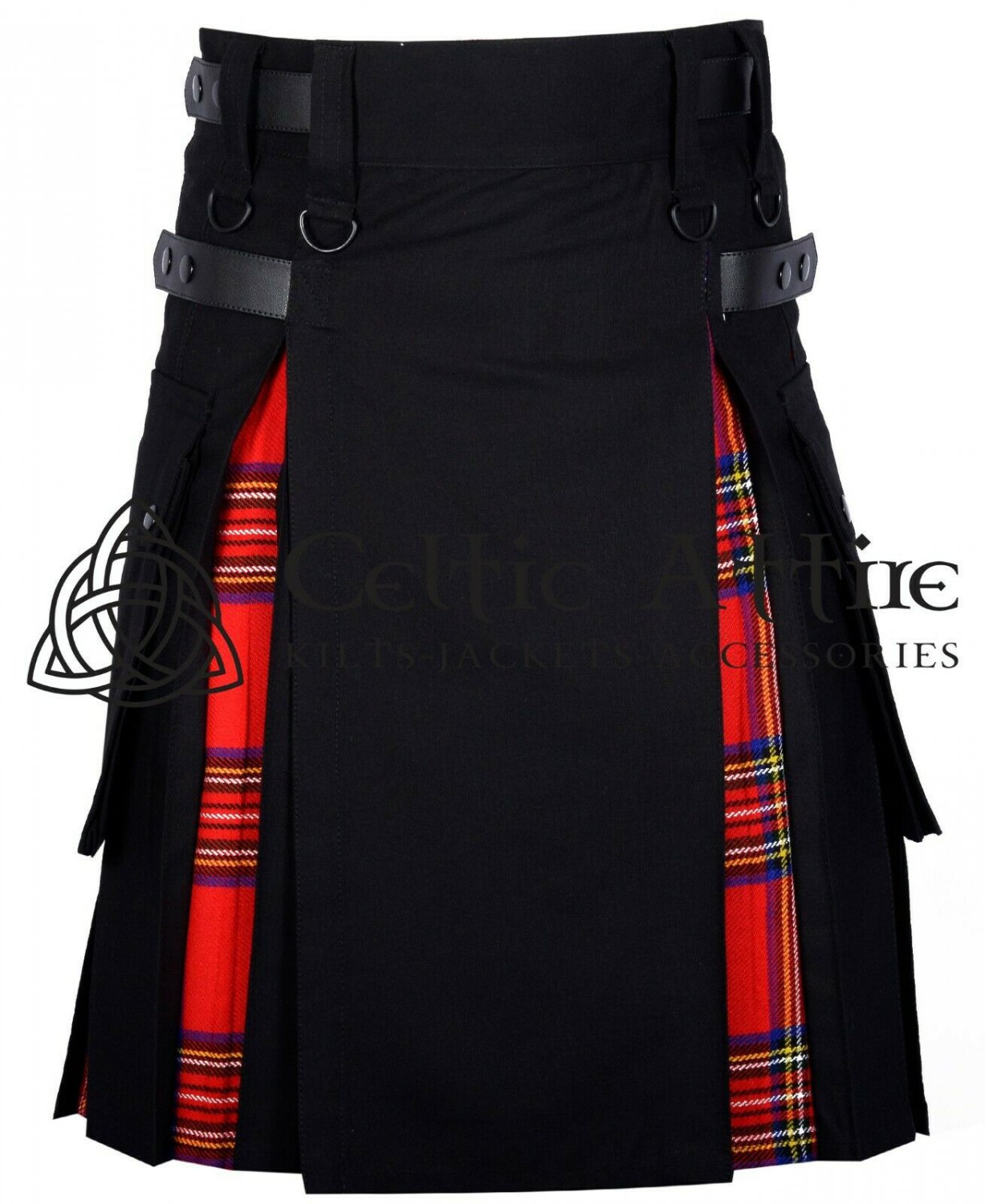 30- Size- Hybrid UTILITY KILTS for Men Black Cotton Royal Stewart Tartan Cargo Pockets Kilt