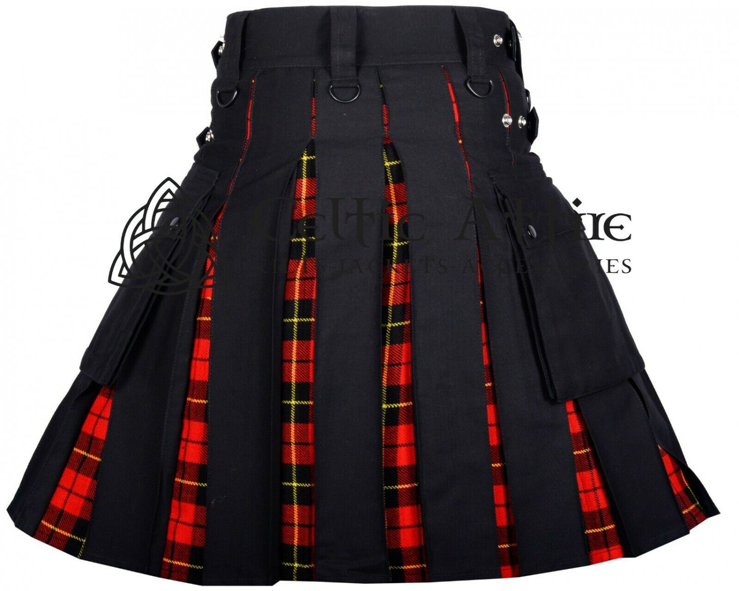 44 - Size- Scottish Hybrid UTILITY KILTS for Men Black Cotton Wallace Tartan Cargo Pockets Kilt