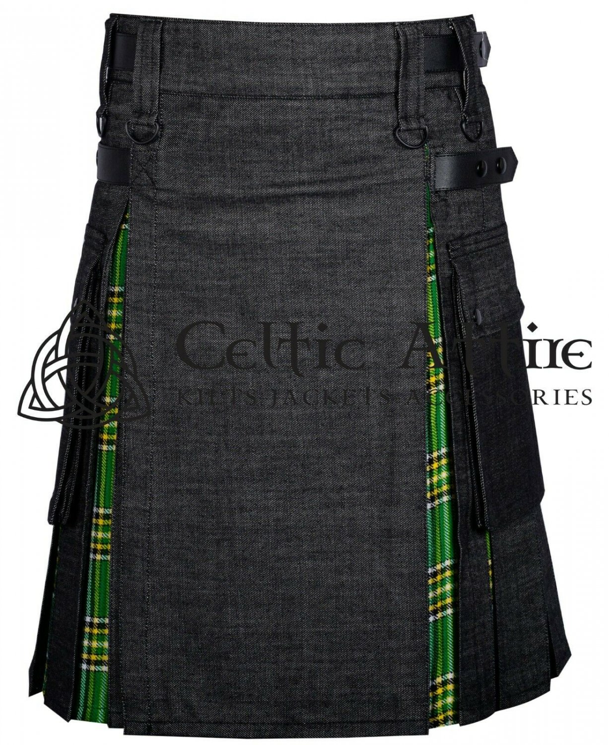 40 - Size- Black Denim IRISH Tartan Scottish Hybrid UTILITY KILTS for Men Cargo Pockets Kilt