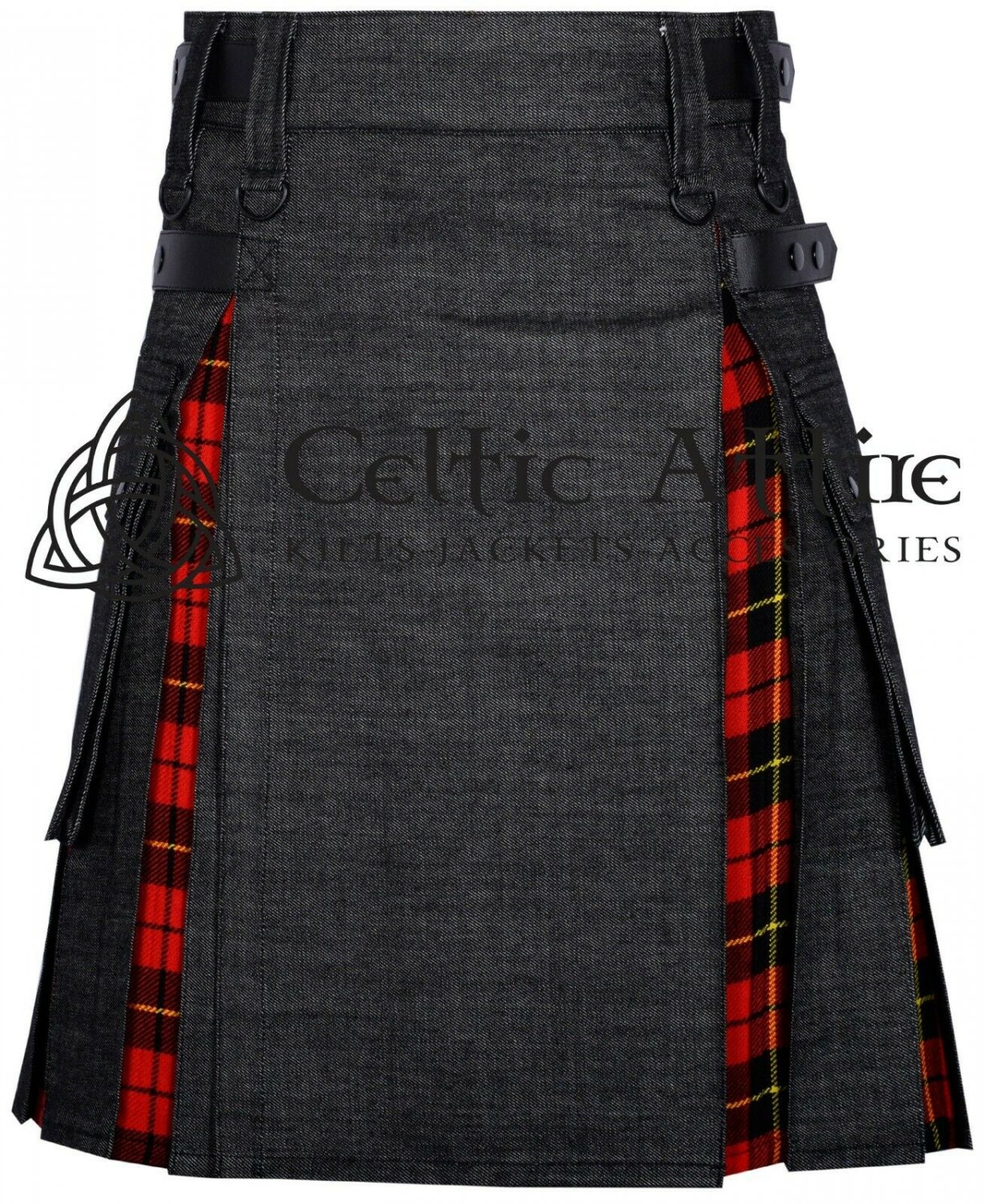 38 - Size - Black Denim Wallace Tartan Scottish Hybrid UTILITY KILTS for Men Cargo Pockets Kilt