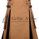 48 - Size - Scottish Hybrid UTILITY KILTS for Men Camel Canvas Black Canvas Cargo Pockets Kilt