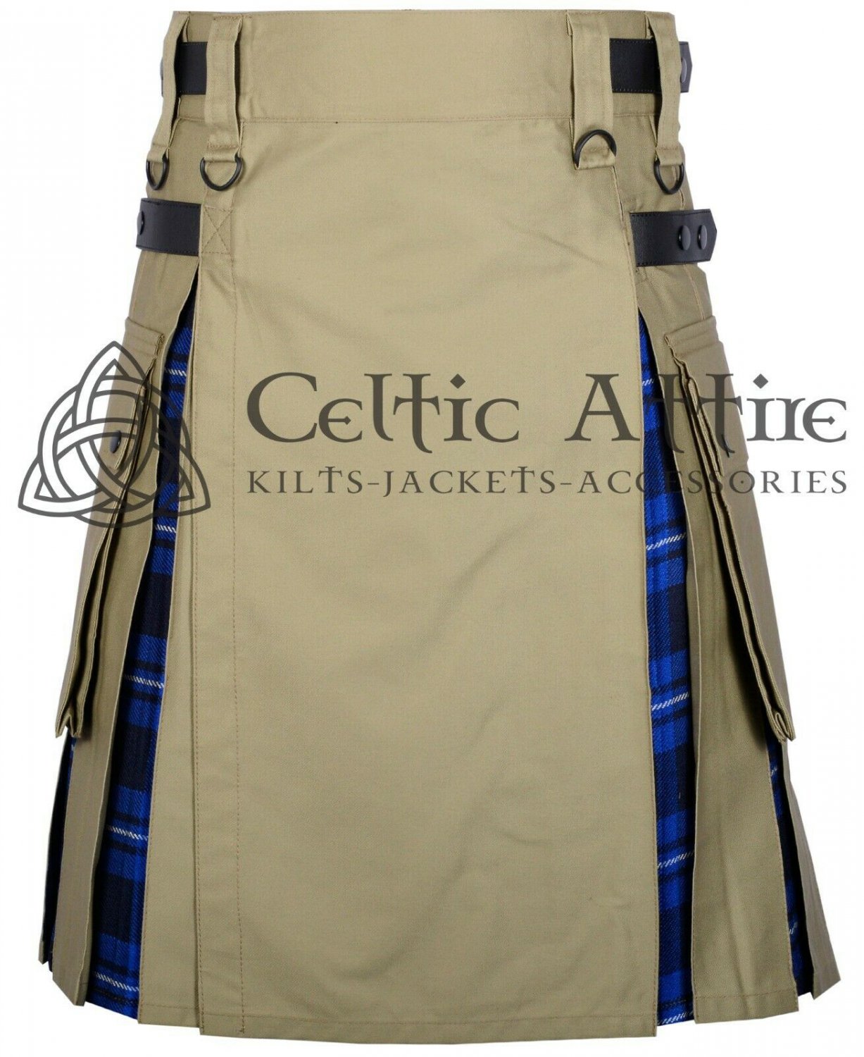 30 - Size - Hybrid UTILITY KILTS for Men Khaki Cotton Ramsey Blue Tartan Cargo Pockets Kilt