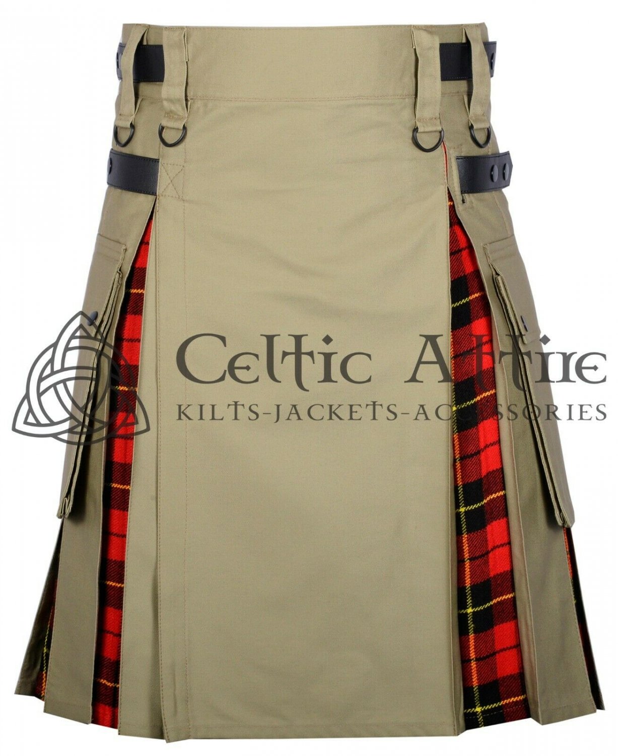 32 - Size - Hybrid UTILITY KILTS for Men Khaki Cotton Wallace Tartan Cargo Pockets Kilt