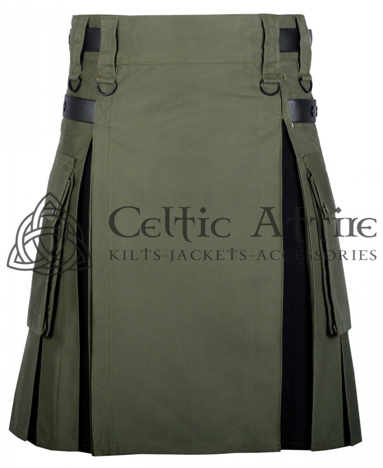 36 - Size - Hybrid UTILITY KILTS for Men Olive Green Cotton Black Canvas/Cotton Cargo Pockets Kilt