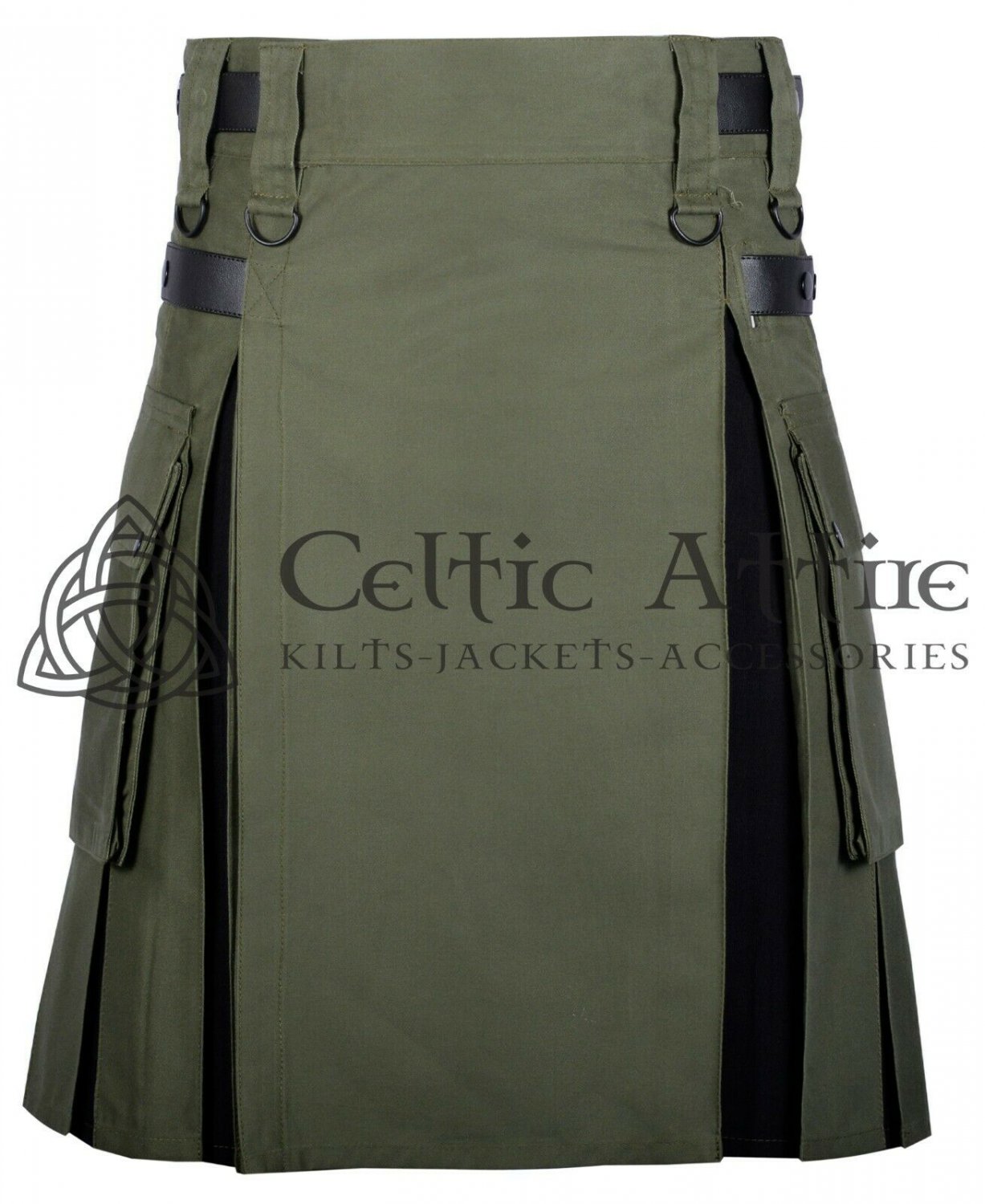 Custom Size - Hybrid UTILITY KILTS for Men Olive Green Cotton Black Canvas/Cotton Cargo Pockets Kilt