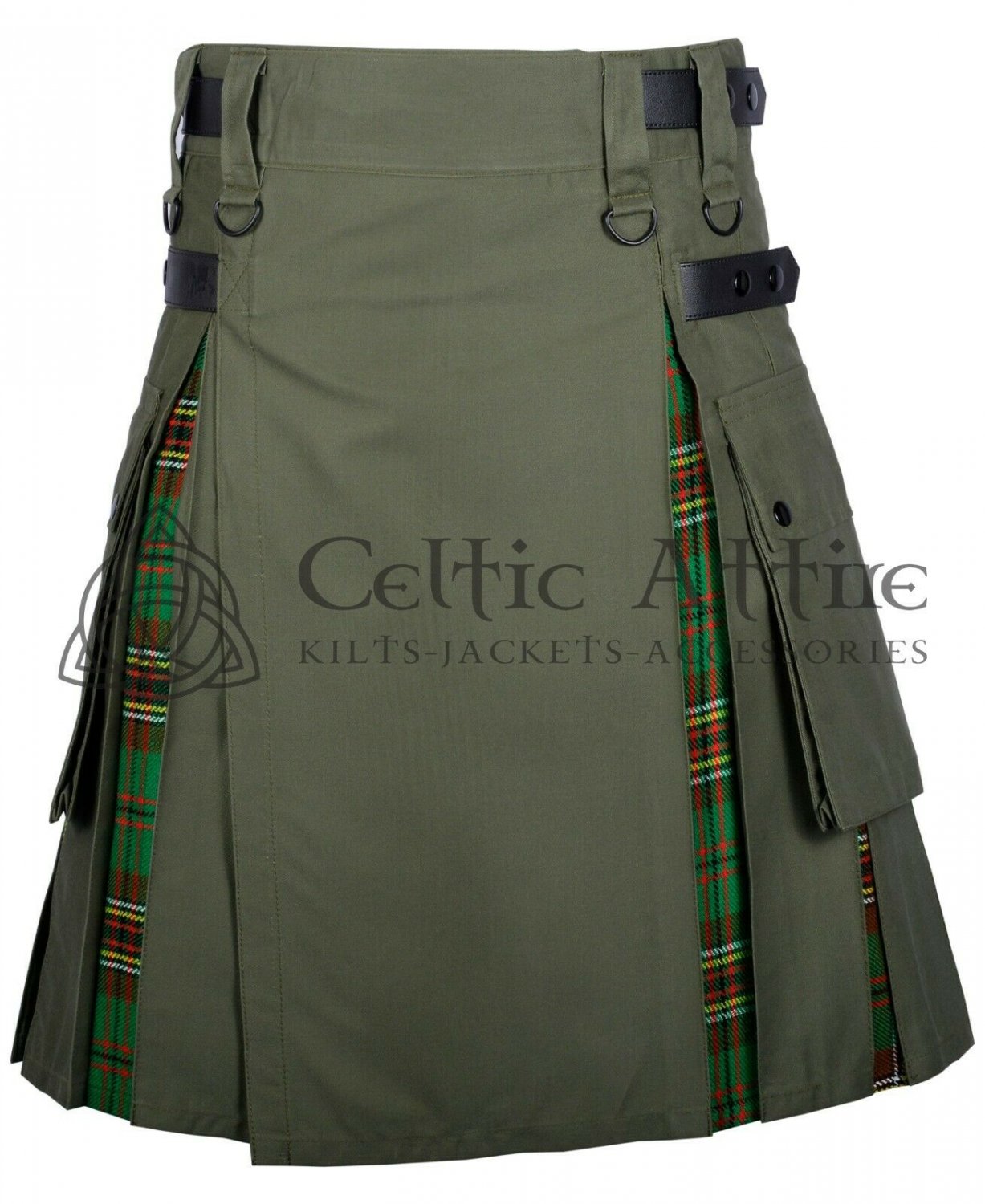 36 - Size - Hybrid UTILITY KILTS for Men Olive Green Cotton Tara Murphy Tartan Cargo Pockets Kilt