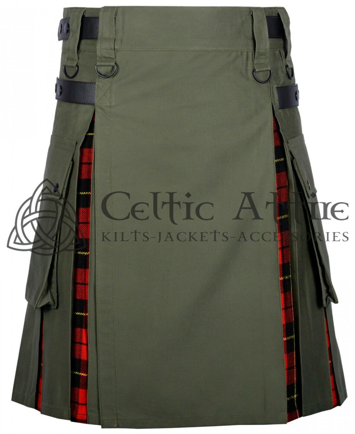 50 - Size - Hybrid UTILITY KILTS for MenOlive Green Cotton Wallace Tartan Cargo Pockets Kilt