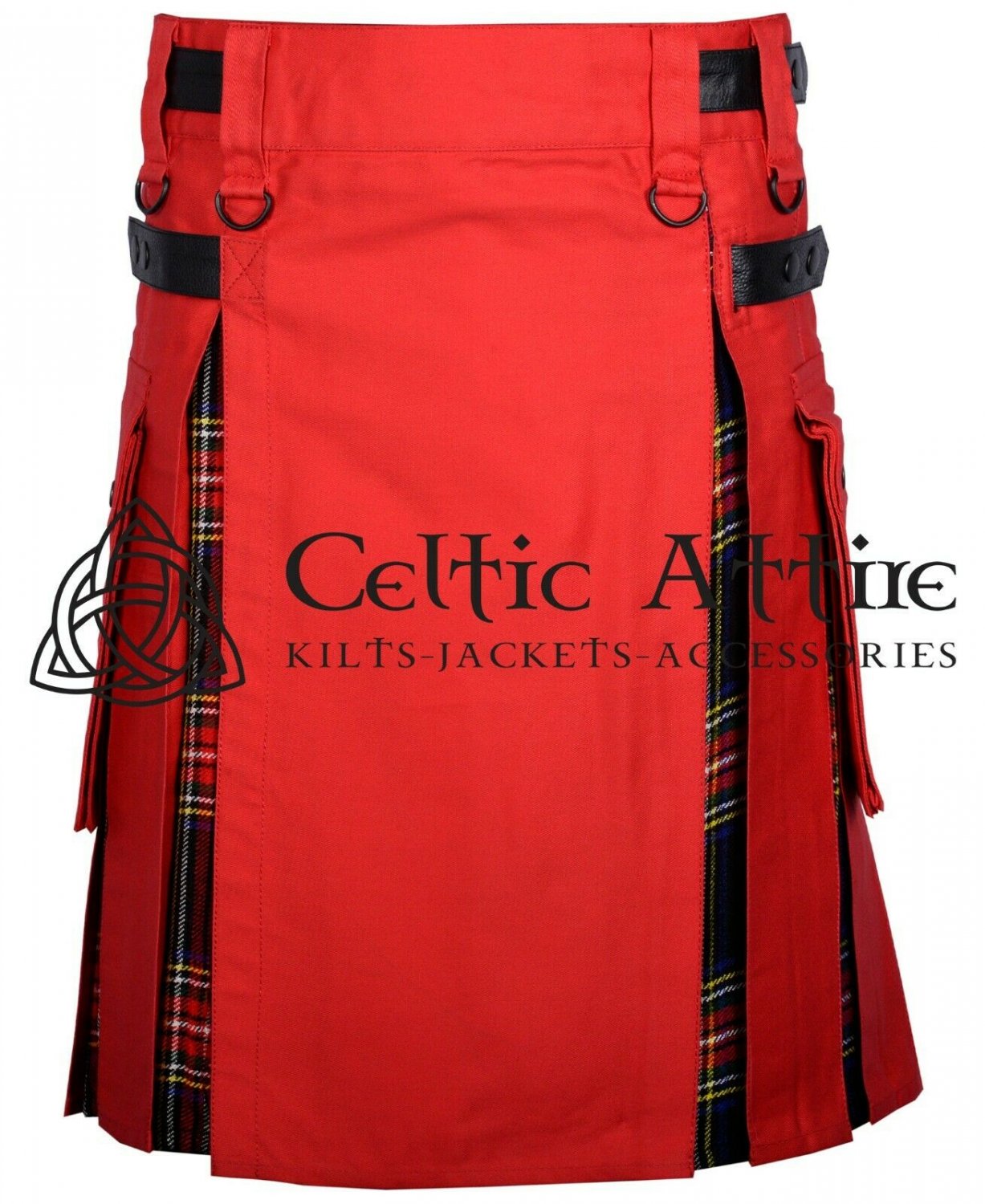 46 - Size - Hybrid UTILITY KILTS for Men Red Cotton Black Stewart Tartan Cargo Pockets Kilt