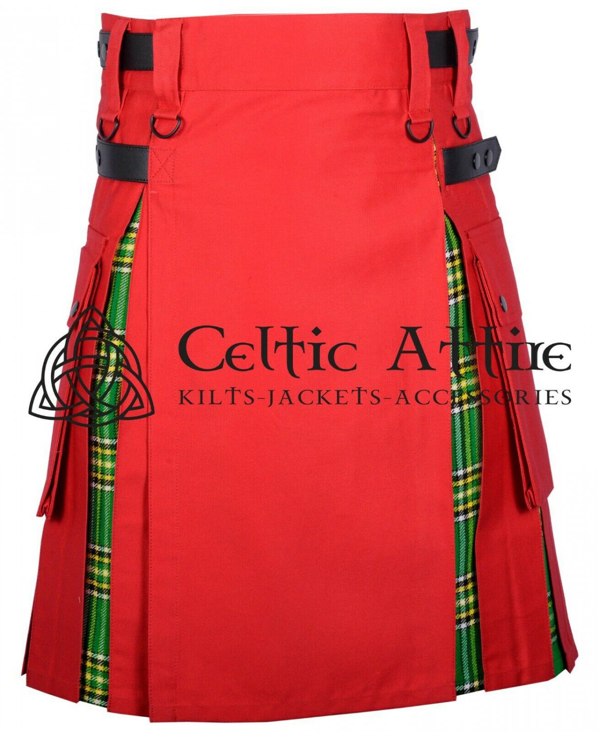 32 - Size - Hybrid UTILITY KILTS for Men Red Cotton IRISH Tartan Cargo Pockets Kilt