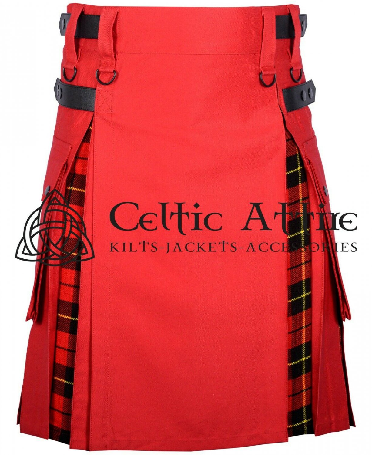 42 - Size - Hybrid UTILITY KILTS for Men Red Cotton Wallace Tartan Cargo Pockets Kilt