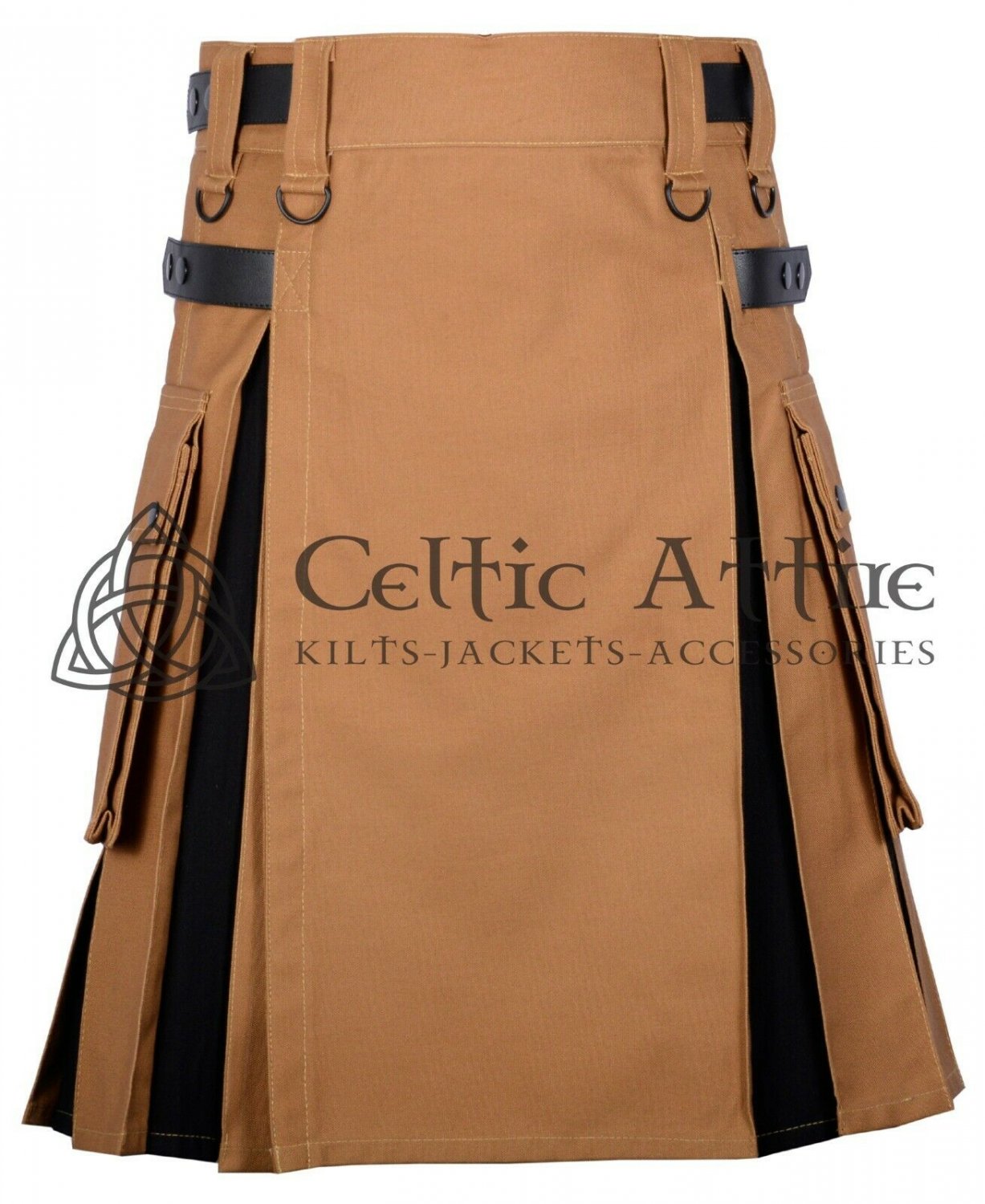 50 - Size - Hybrid UTILITY KILTS for Men Camel Canvas Black Canvas Cargo Pockets Kilt