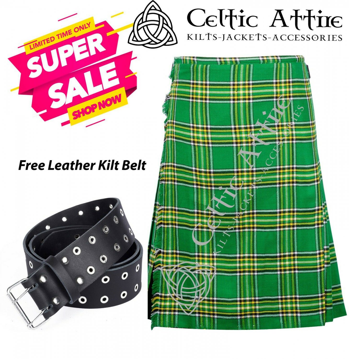 42 - Size - New Handmade Scottish Highlander 8 Yard IRISH Tartan Custom Kilt & Leather Kilt Belt