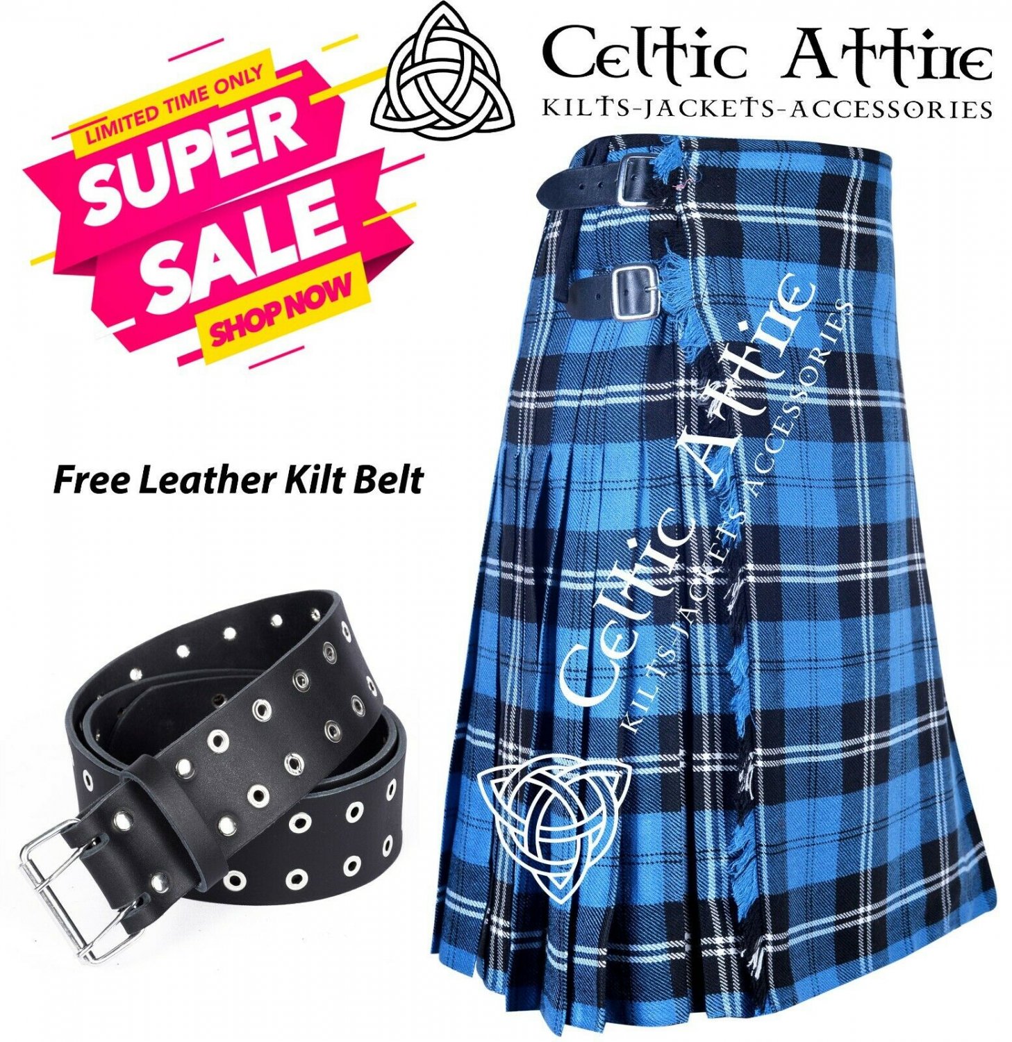 30 - Size - Scottish Highlander 8 Yard Ramsey Blue Hunting Tartan Custom Kilt & Leather Kilt Belt