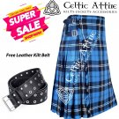 46 - Size - Scottish Highlander 8 Yard Ramsey Blue Hunting Tartan Custom Kilt & Leather Kilt Belt