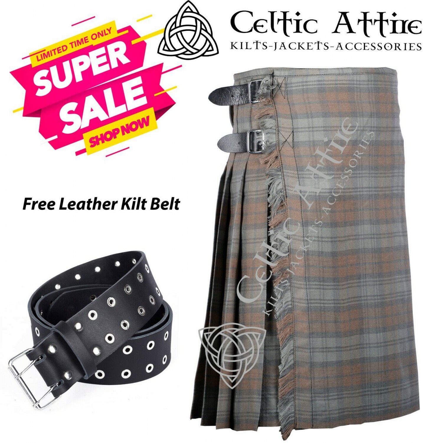 30 - Size - Scottish Highlander 8 Yard Black Watch Weathered Tartan Custom Kilt & Leather Kilt Belt