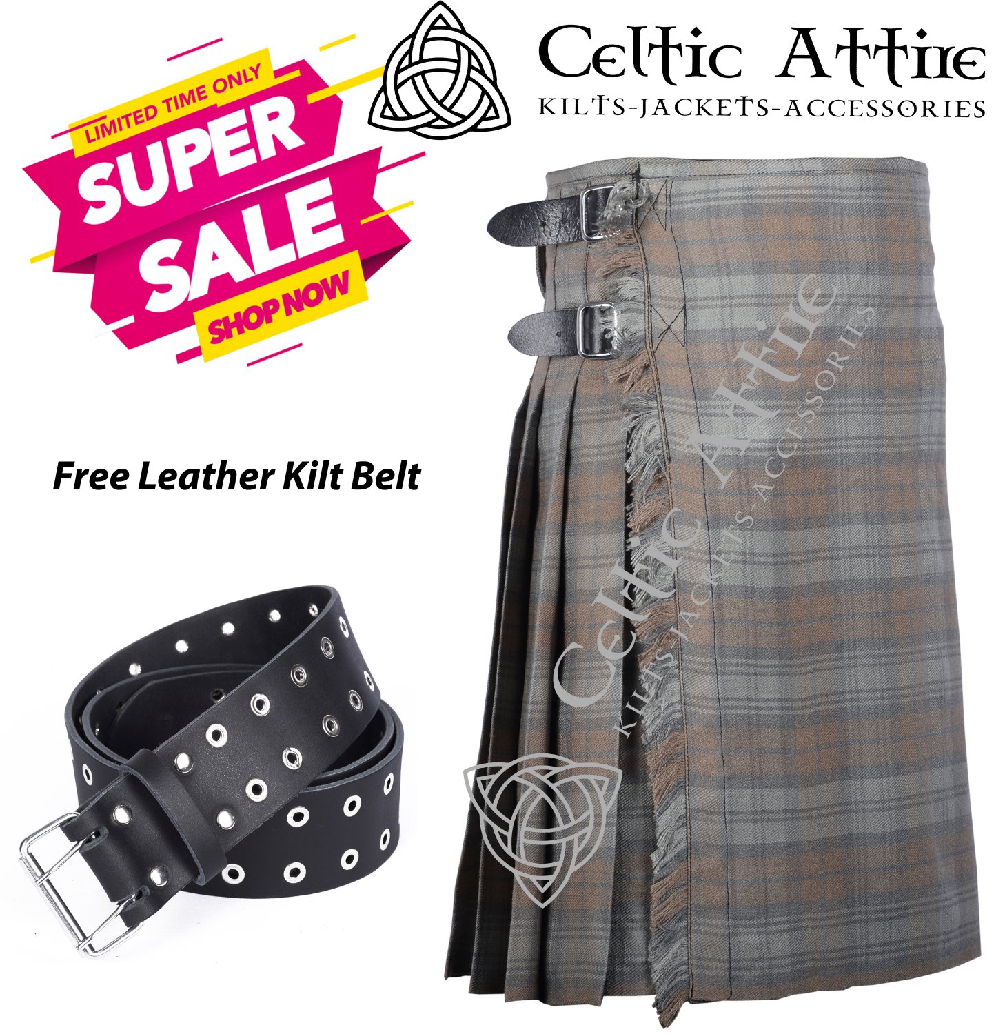 50 - Size - Scottish Highlander 8 Yard Black Watch Weathered Tartan Custom Kilt & Leather Kilt Belt