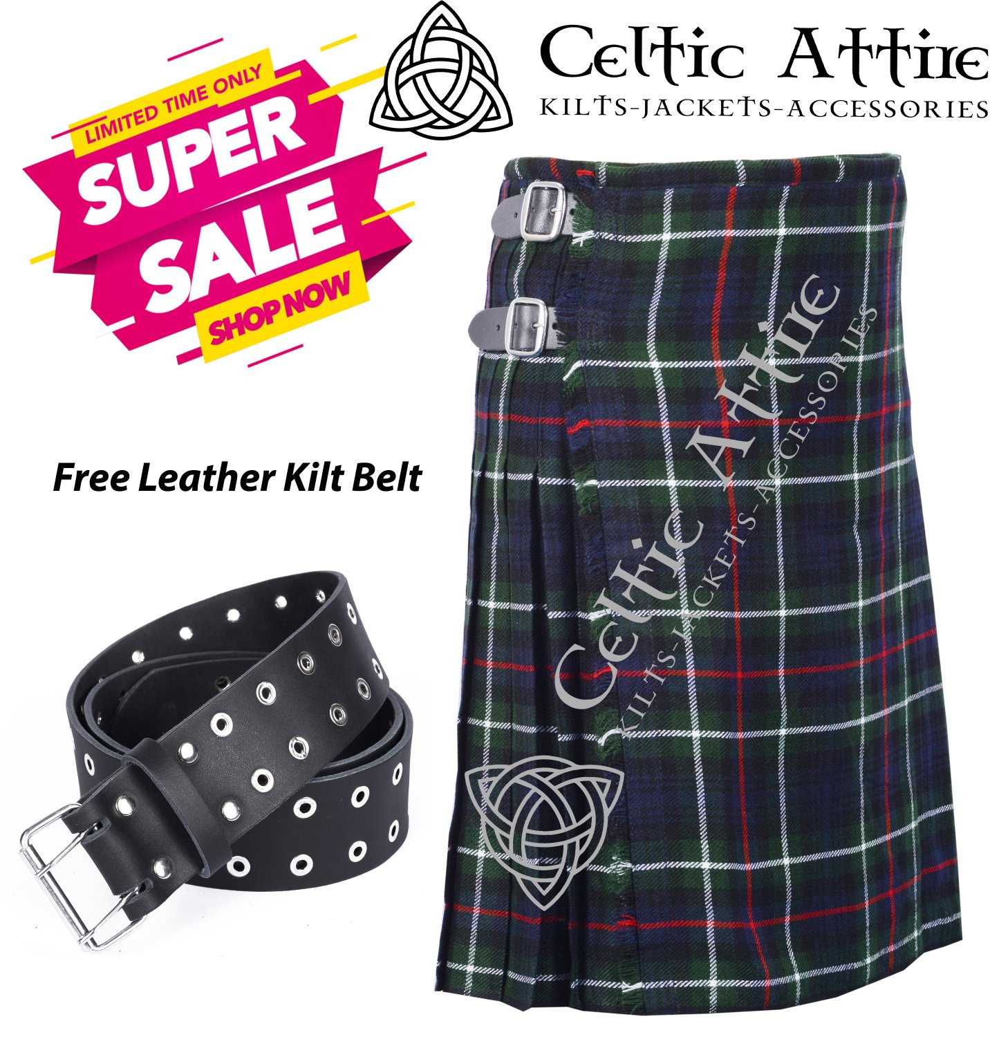 34 - Size - Scottish Highlander 8 Yard MacKenzie Tartan Custom Kilt & Leather Kilt Belt