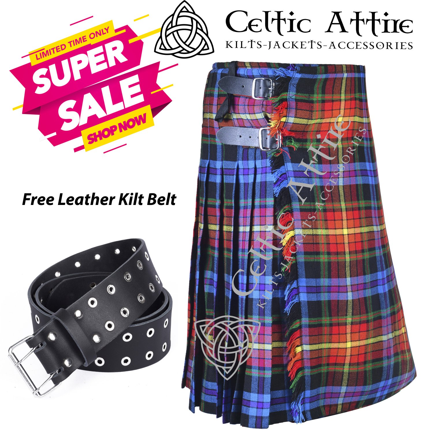 40 - Size - Scottish Highlander 8 Yard - LGBTQ Pride Tartan Custom Kilt & Leather Kilt Belt