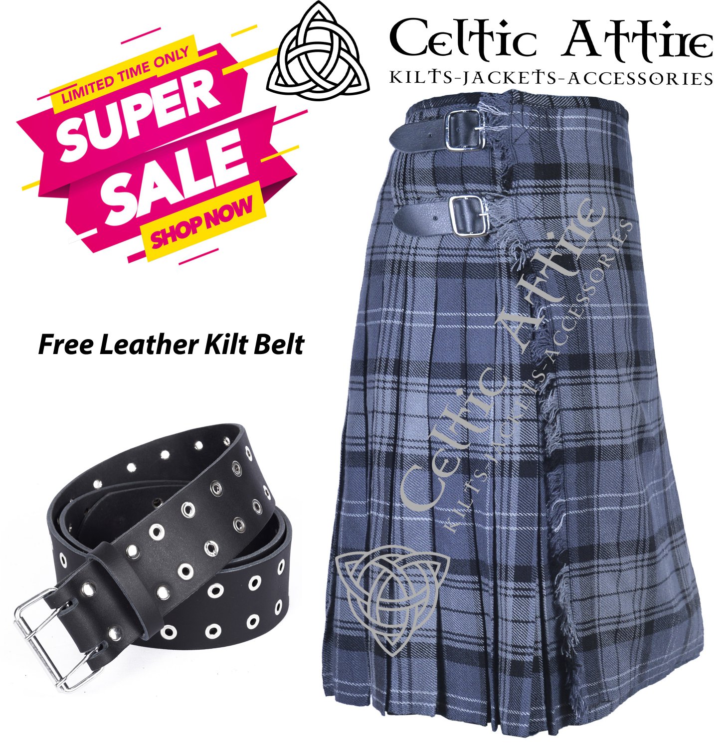 30 - Size - Scottish Highlander 8 Yard Hamilton Grey Tartan Custom Kilt & Leather Kilt Belt