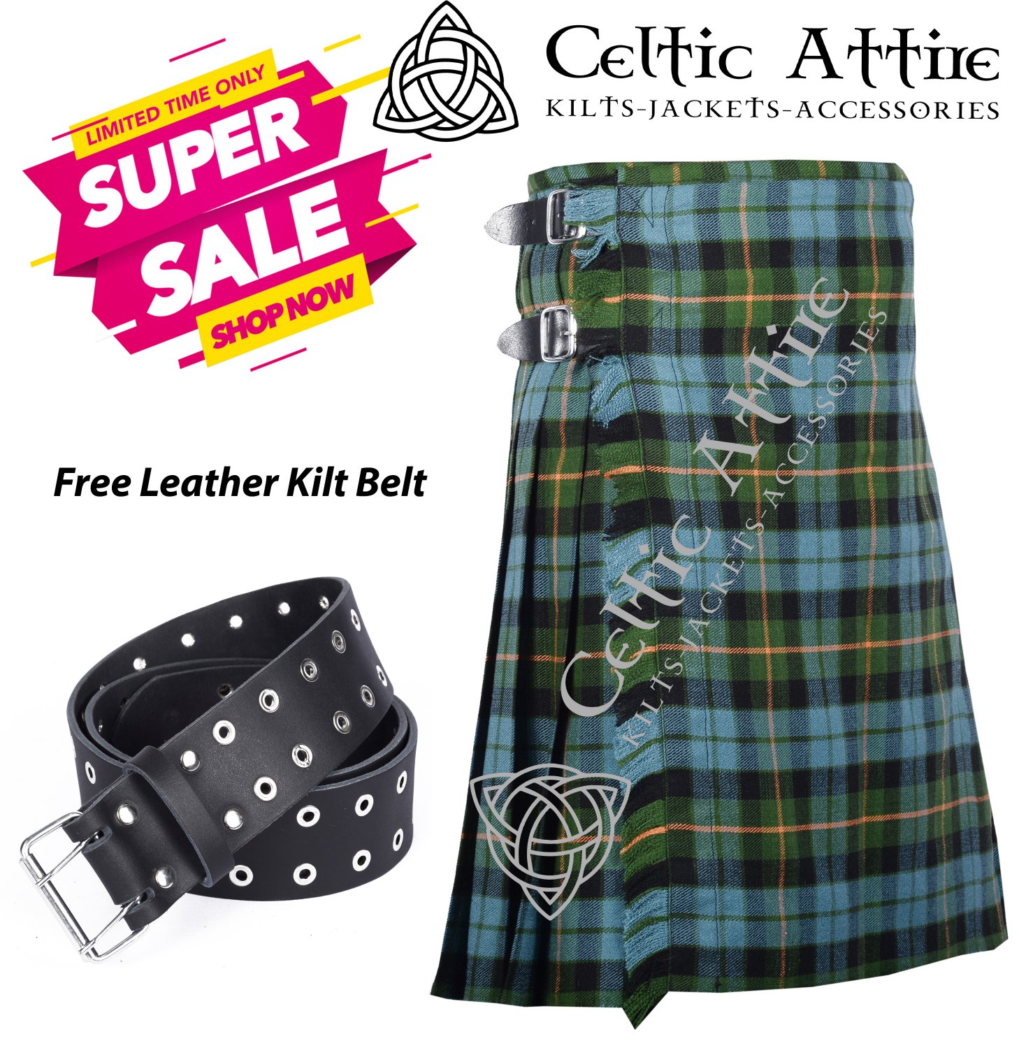 30 - Size - Scottish Highlander 8 Yard Gunn Ancient Tartan Custom Kilt & Leather Kilt Belt