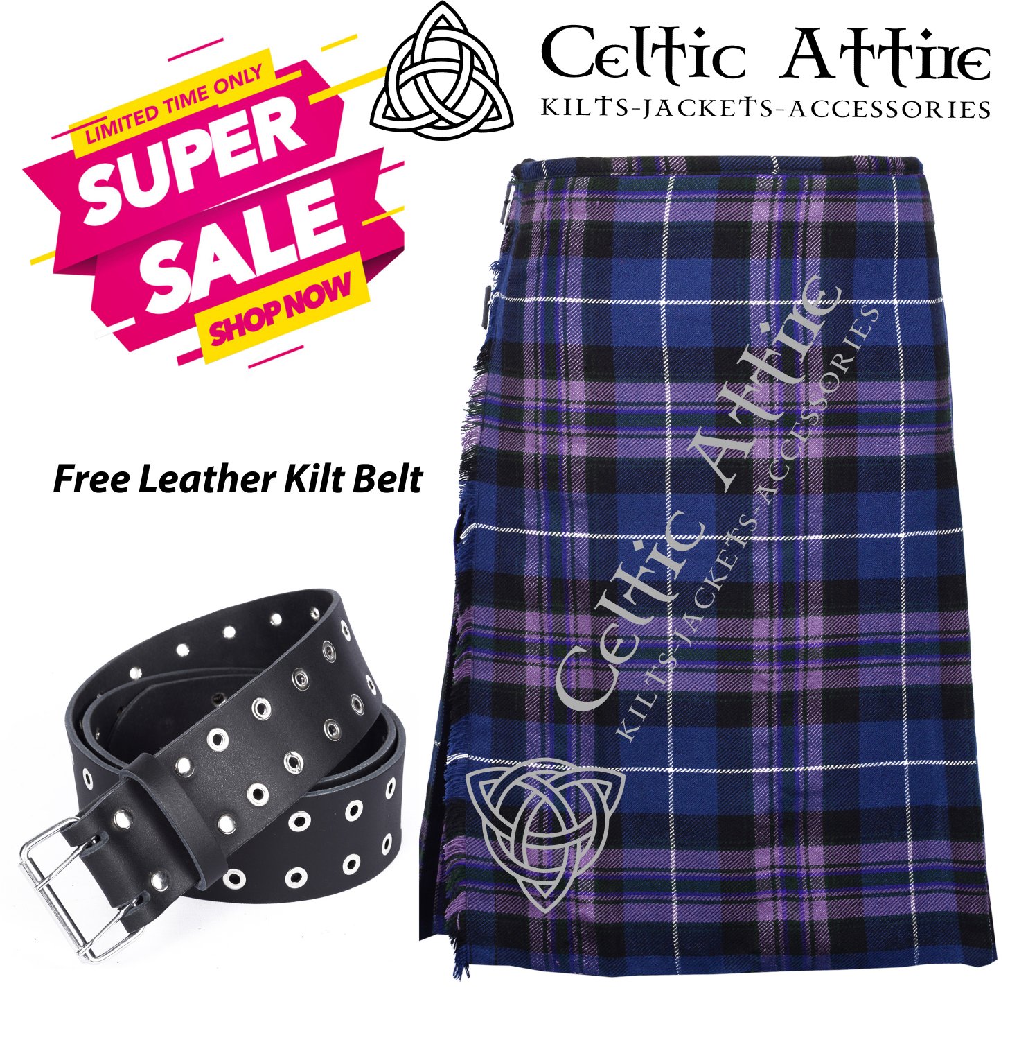 46 - Size - Scottish Highlander 8 Yard Pride of Scotland Tartan Custom Kilt & Leather Kilt Belt