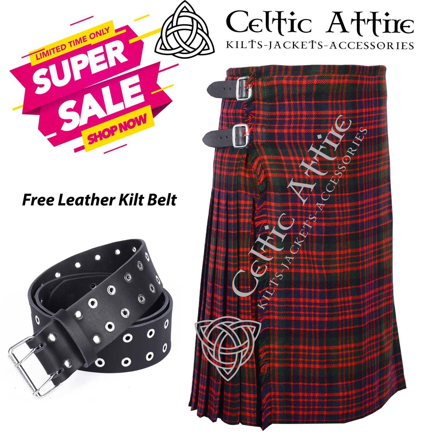 32 - Size - Scottish Highlander 8 Yard Macdonald Tartan Custom Kilt & Leather Kilt Belt