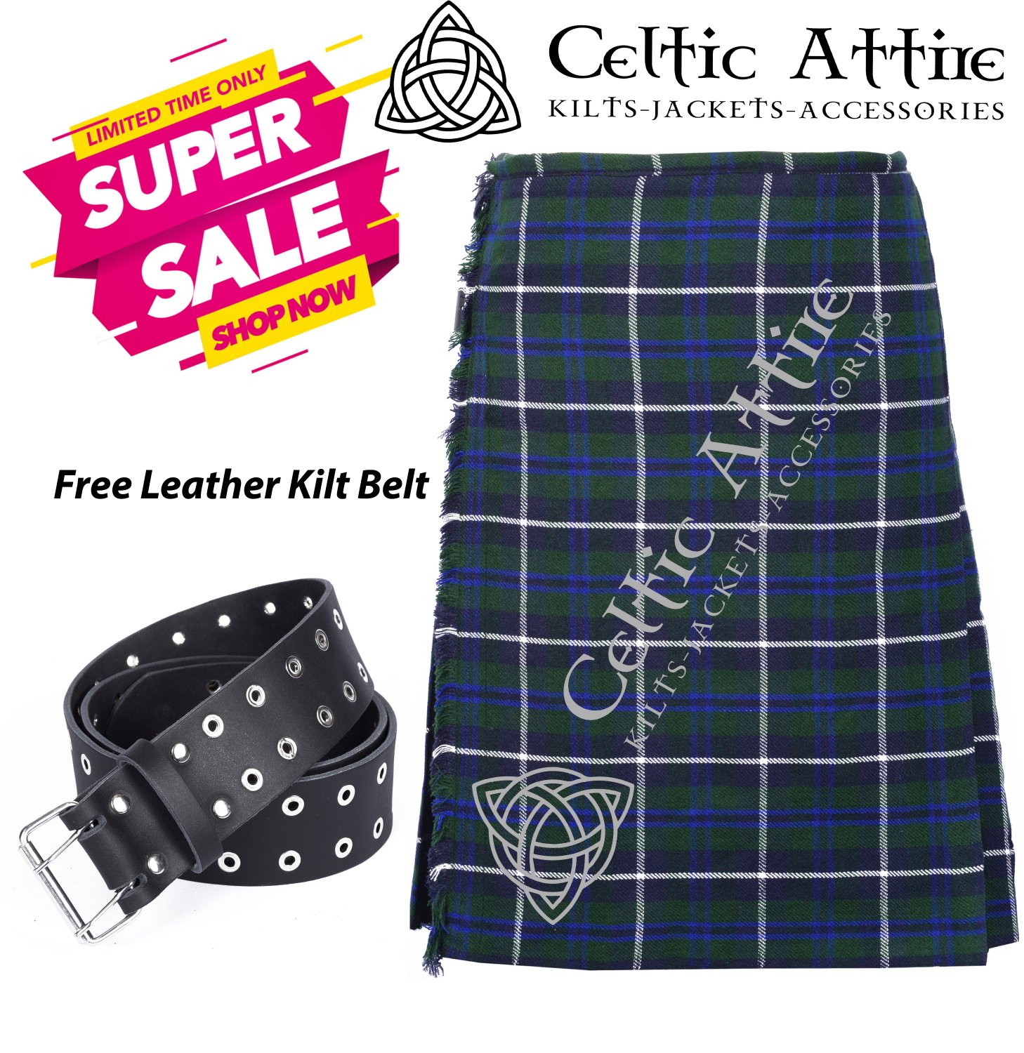 36 - Size - Scottish Highlander 8 Yard Blue Douglas Tartan Custom Kilt & Leather Kilt Belt