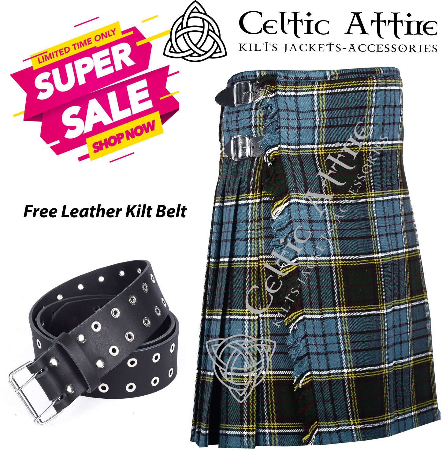 36 - Size - Scottish Highlander 8 Yard Anderson Tartan Custom Kilt & Leather Kilt Belt