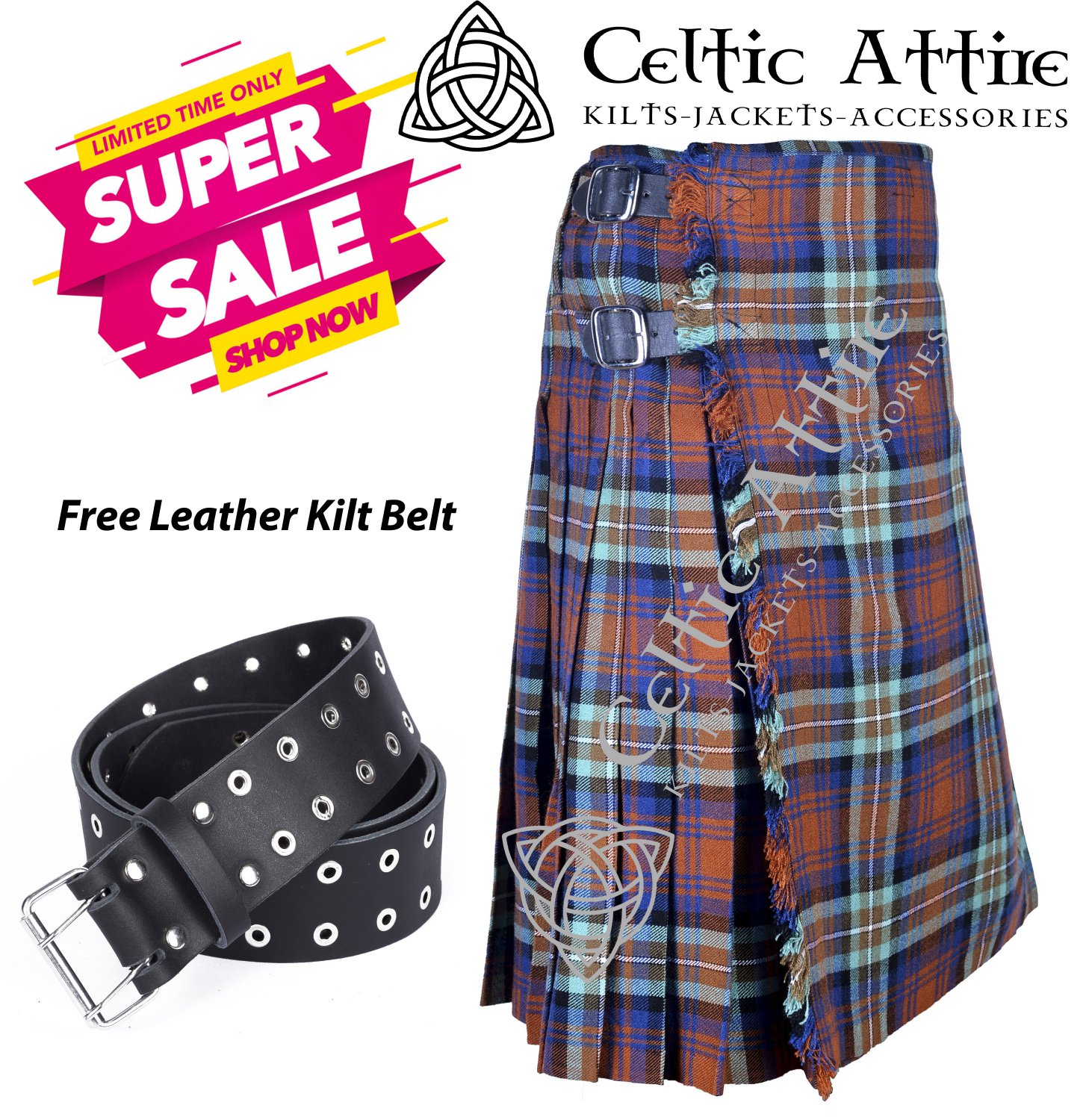 50 - Size - Scottish Highlander 8 Yard IRN BRU Tartan Custom Kilt & Leather Kilt Belt