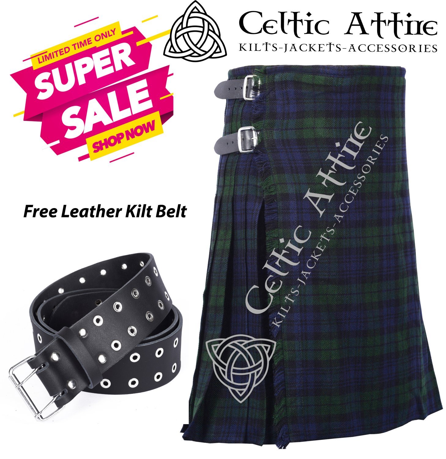 48 - Size - Scottish Highlander 8 Yard Black Watch Tartan Custom Kilt & Leather Kilt Belt