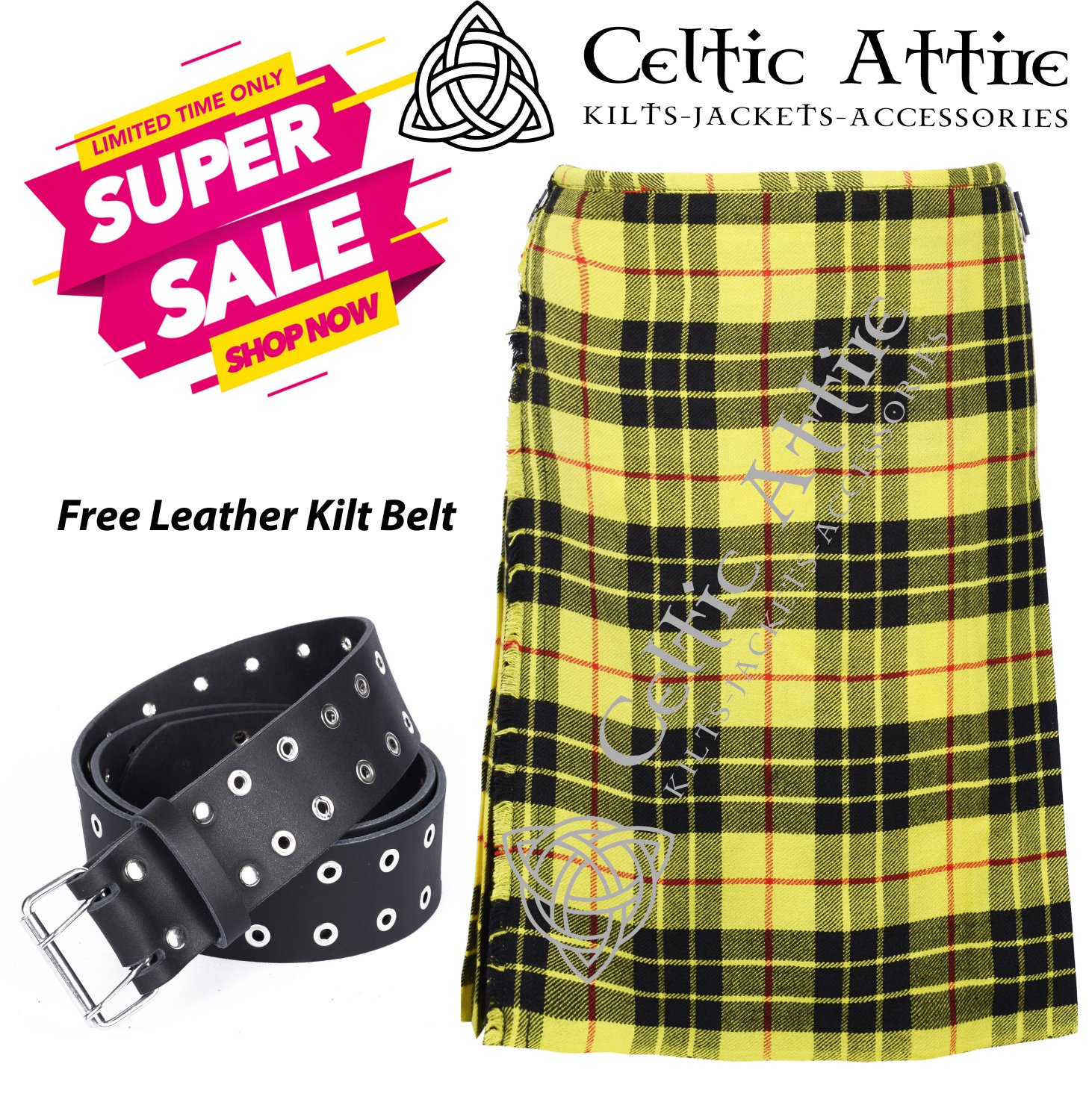 30 - Size - Scottish Highlander 8 Yard Macleod of Lewis Tartan Custom Kilt & Leather Kilt Belt